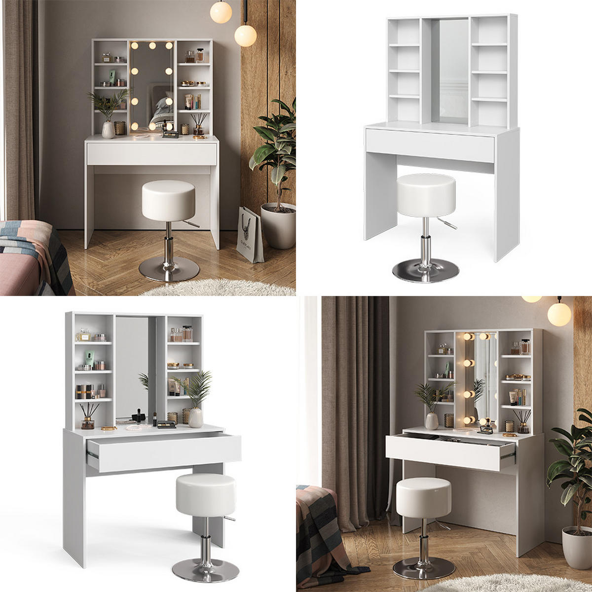 SCHMINKTISCH Alexa Weiß 93 cm mit Hocker - Weiß, Holzwerkstoff (93/147/40cm) - Vicco