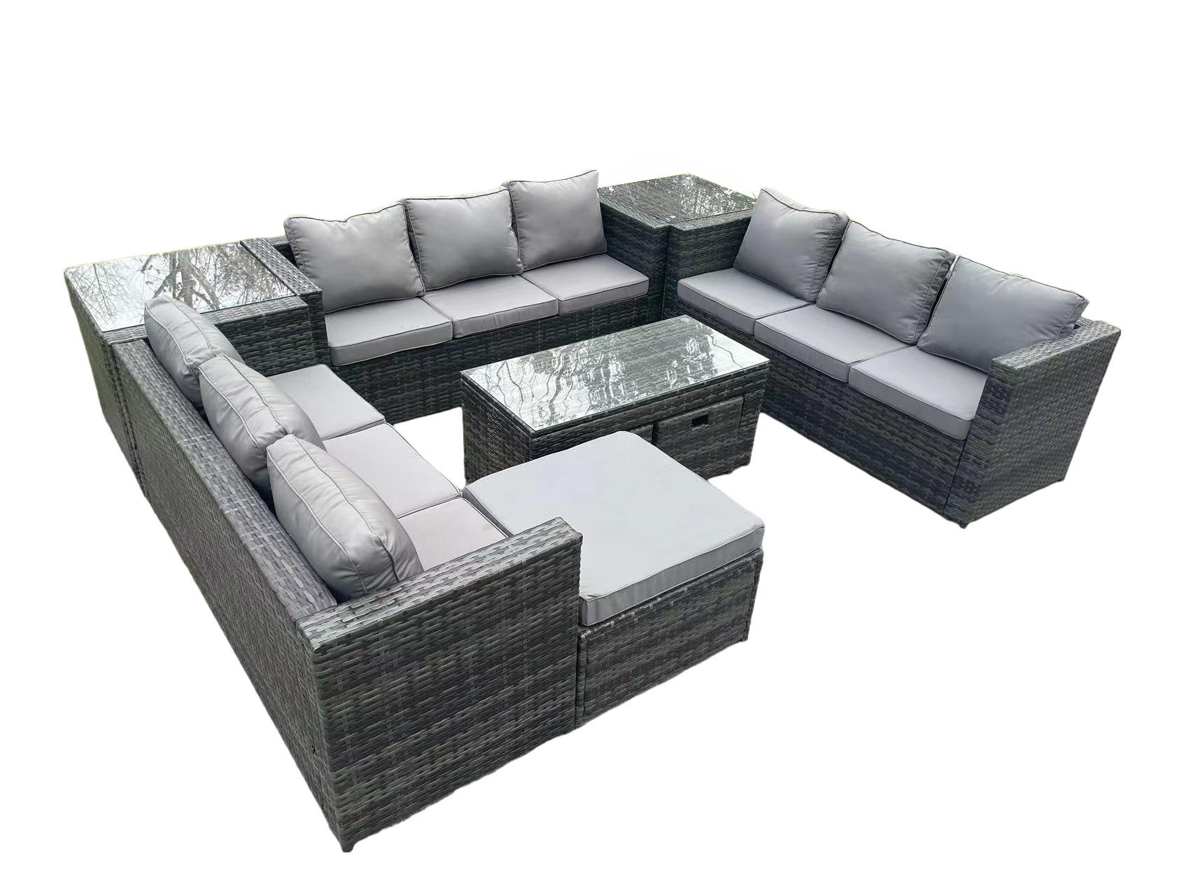 GARTENSET Polyrattan 12-Sitzer - Dunkelgrau/Grau, Glas/Kunststoff - Fimous