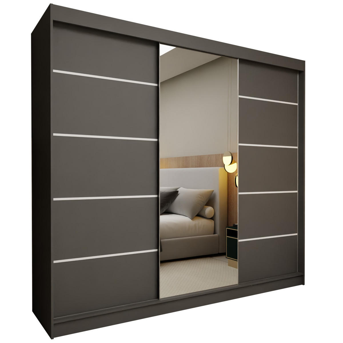 SCHWEBETÜRENSCHRANK MIRELLA 240/216/61 cm 3-türig mit Spiegel Grau - Grau, Holzwerkstoff (240/216/61cm) - MASSENO