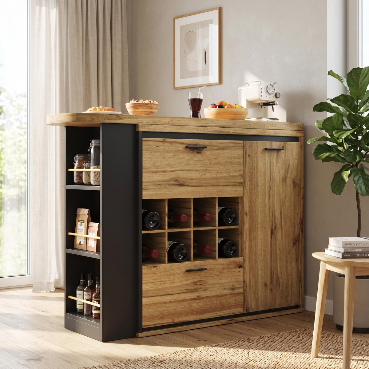 BARTISCH Ausziehbar 138-220cm Holzoptik mit Stauraum & Weinregal - Naturfarben, Holzwerkstoff (39/138/105cm) - Urban Meuble