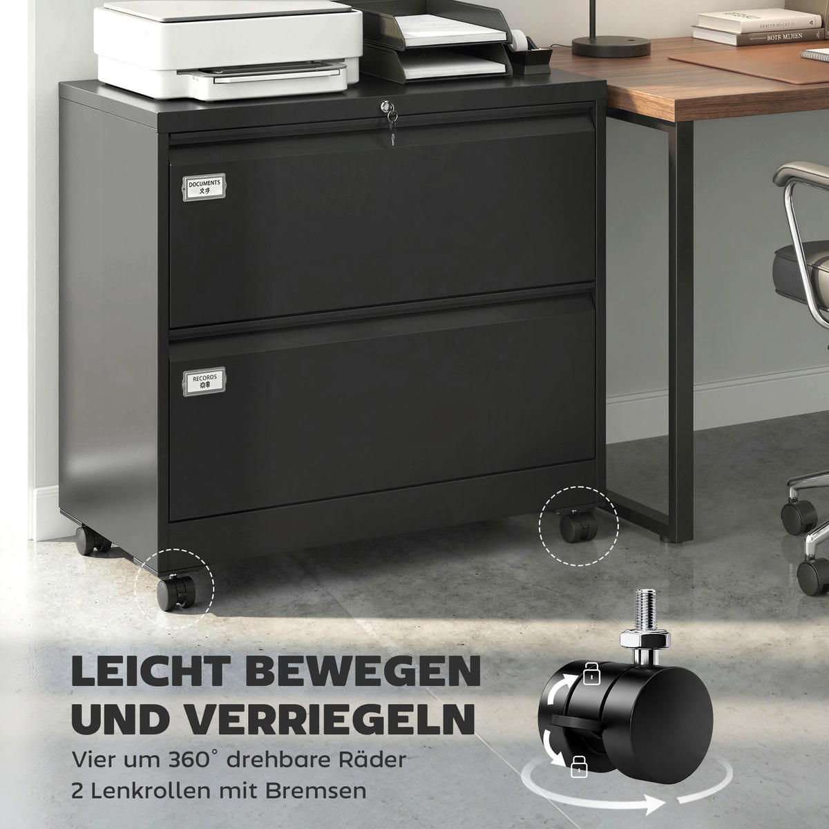 AKTENSCHRANK aus Stahl 90/40/78 cm Schwarz - Schwarz, Metall (40/77.4/90cm) - HOMCOM