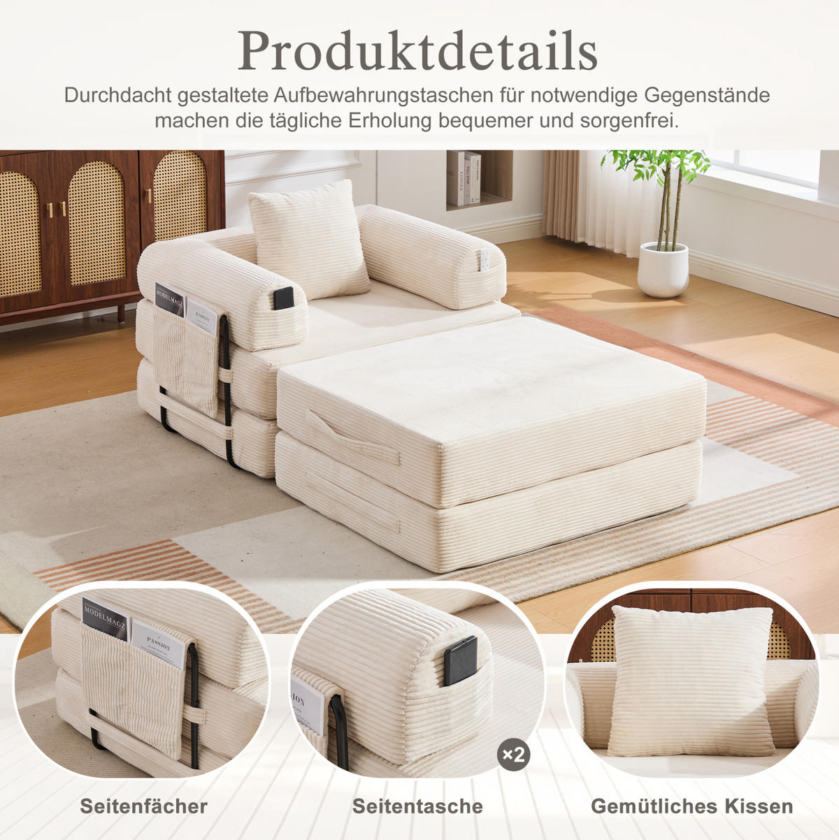 SCHLAFSOFA aus Cord 112x190x67 cm Beige mit Hocker, Seitentasche und Kissen, montagefrei - Beige, Textil (112/67/190cm) - Modfu