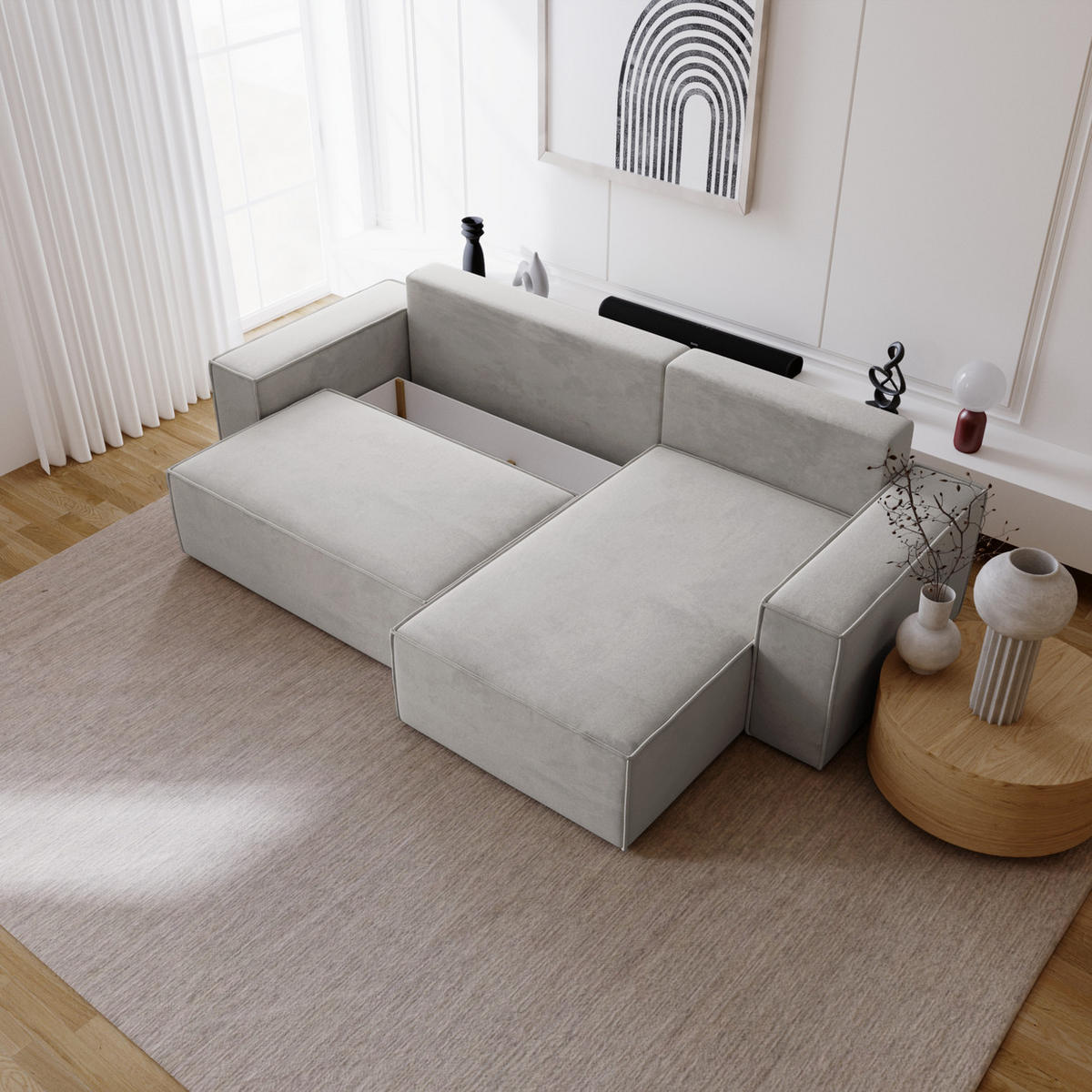 ECKSOFA mit Schlaffunktion Bergamo L 280 cm, Samt, Rechts - Hellgrau - Hellgrau, Holz (189/277cm) - Emporius