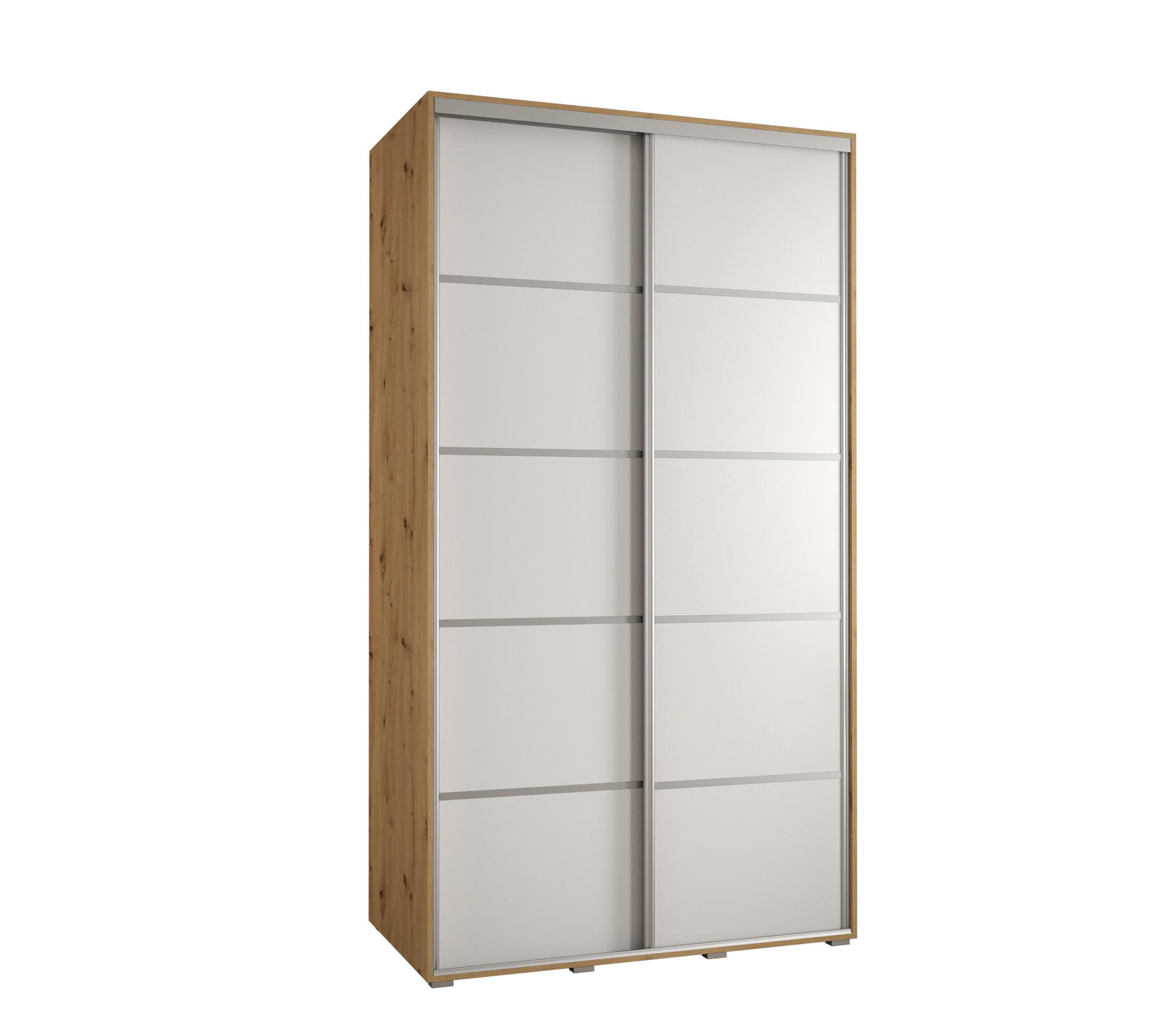 Abiks Möbel Schwebetürenschrank Eiche Artisan, Weiß, Silber 130x235x45 cm