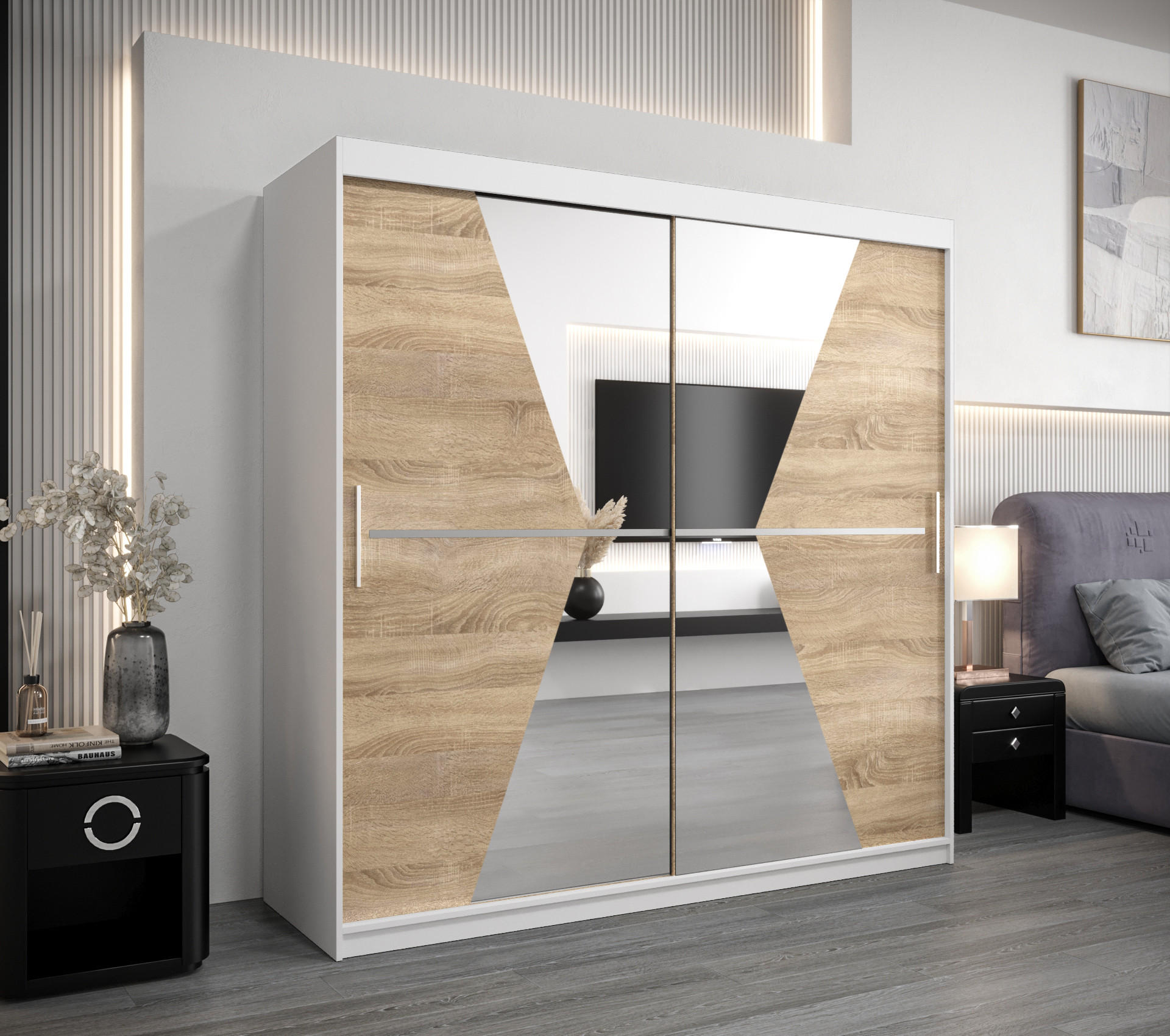 SCHWEBETÜRENSCHRANK 200/200/62 2-türig - Silberfarben/Weiß, Holz/Kunststoff (200/200/62cm) - Abiks Möbel