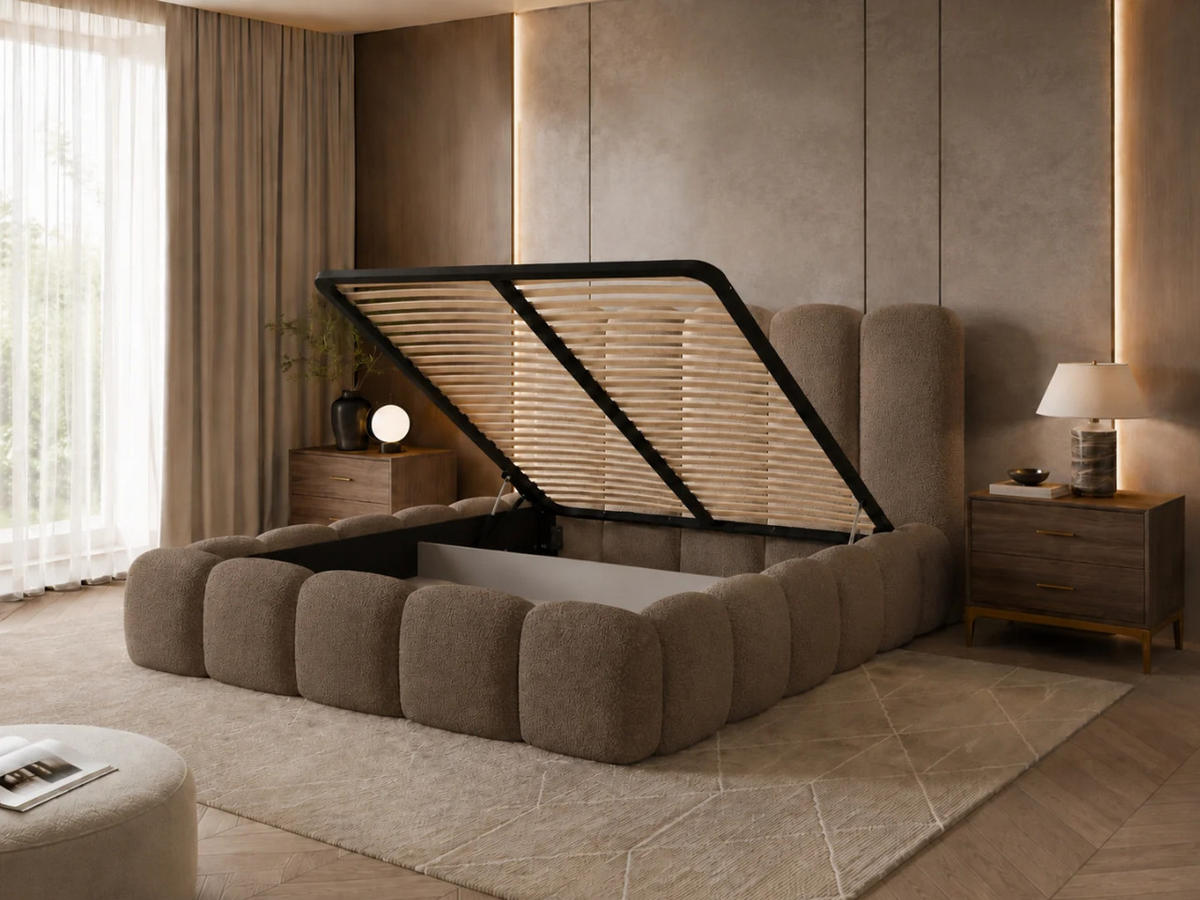 POLSTERBETT TEDDY 120x200 cm in Braun mit Metalllattenrost, Bettkasten, gepolstertes Kopfteil Bouclé-Stoff - Braun, Holz/Textil (120/200cm) - EMLAR Home