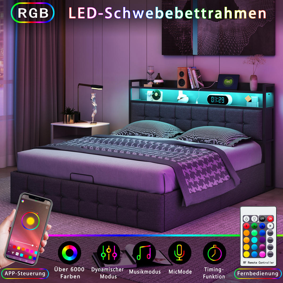 BETT mit Bettkasten 140x200 cm mit LED und USB, Polsterbett 140x200, Doppelbett 140x200 mit Stauraum, Lattenrost, Kopfteil, Grau Leinenstoff - Grau, Textil/Metall (140/200cm) - GENKI LIVING