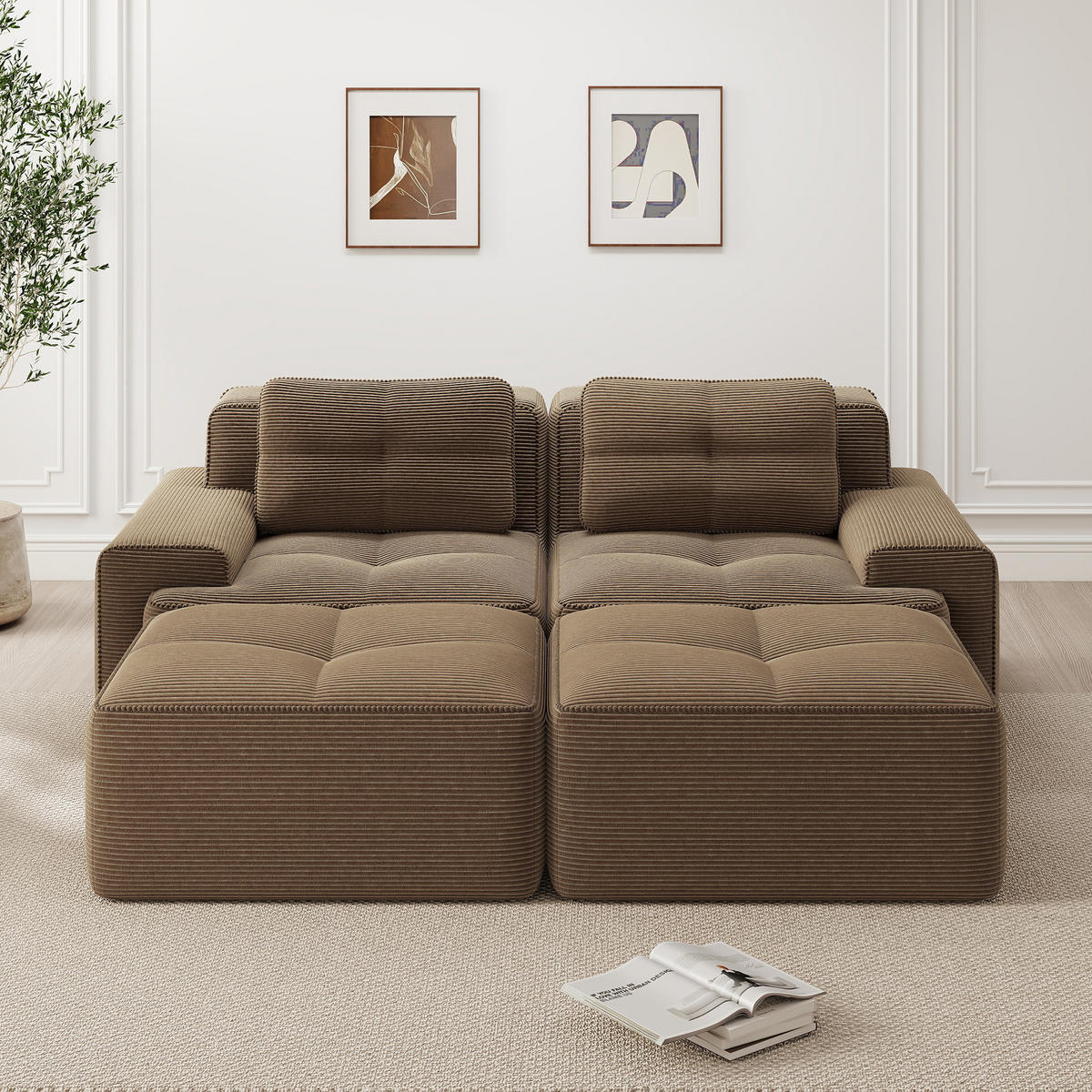 2-SITZER SOFA Cord Braun mit Ottoman - Braun, Textil (204/69/177cm) - WISHDOR