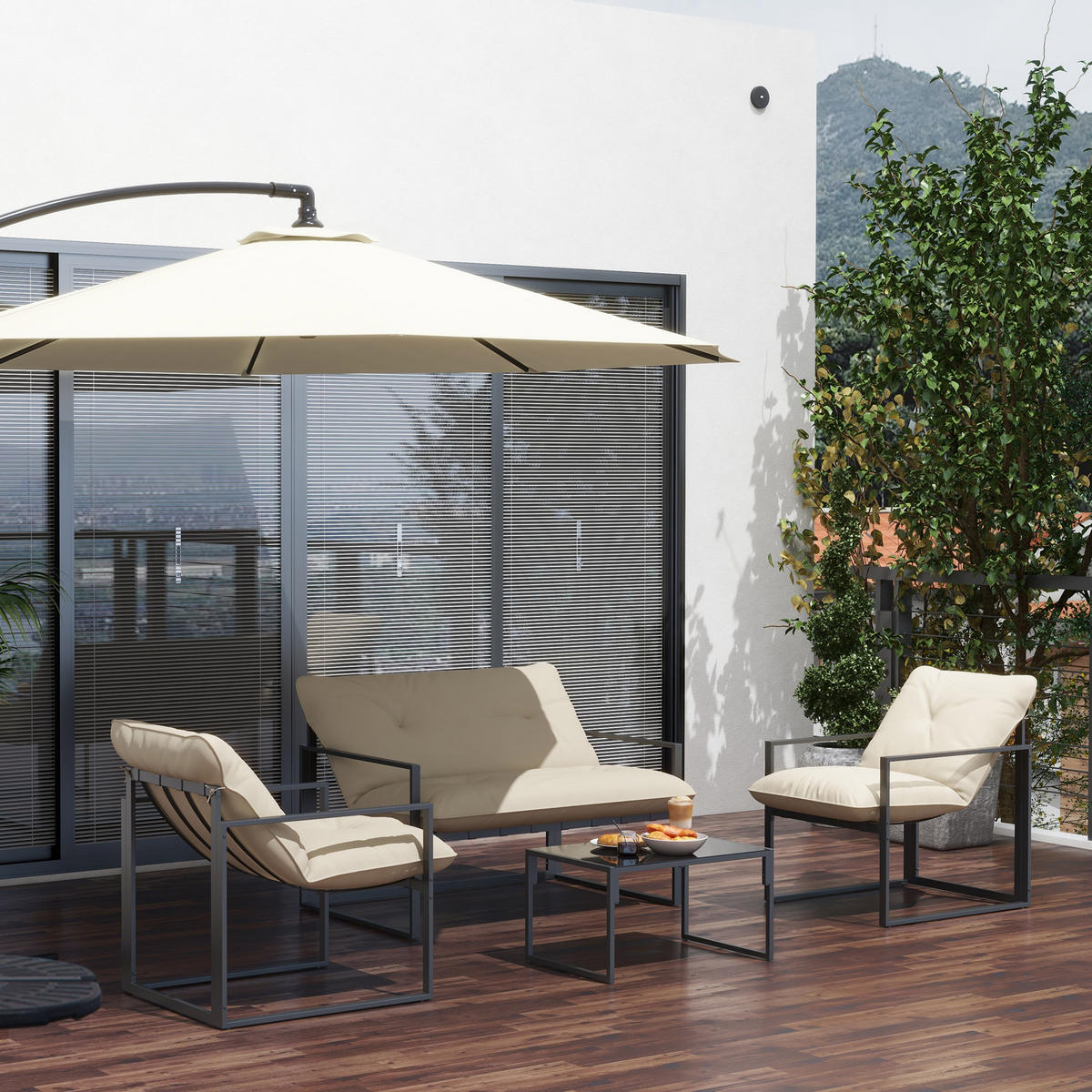 GARTENMÖBEL-SET DE-06538 1 Glastisch, 2 Sessel, 1 Sofa, wetterbeständig Grau+Beige - Beige/Grau, Textil/Metall - ComfortXL
