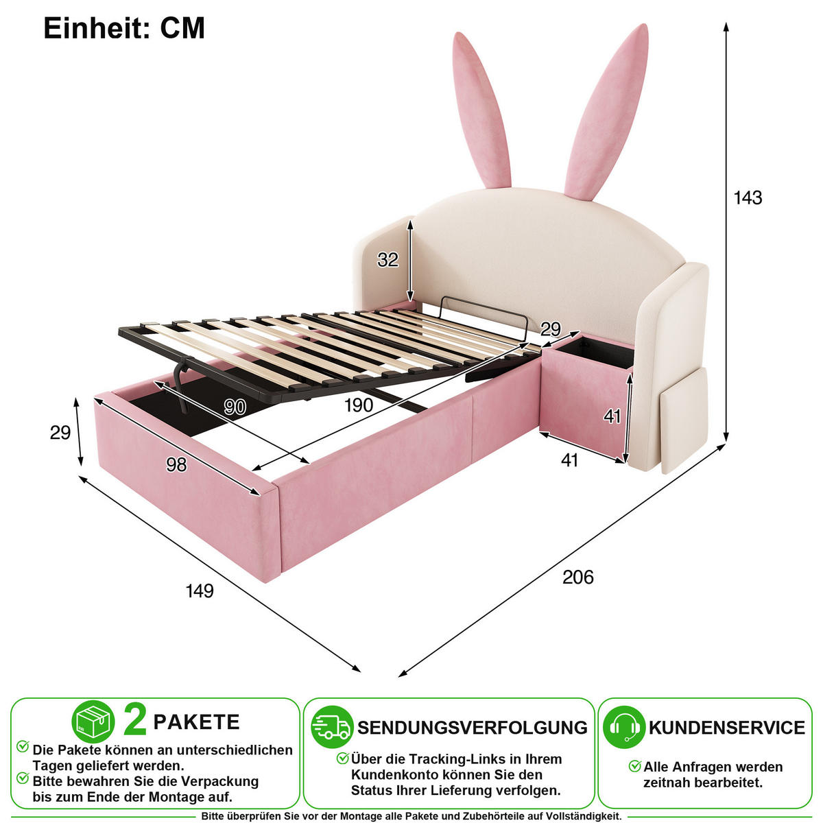 KINDERBETT 90/190 cm in Beige & Rosa Samt mit Bettkasten und Nachttisch - Beige/Rosa, Holzwerkstoff/Textil (90/190cm) - CHICFURN