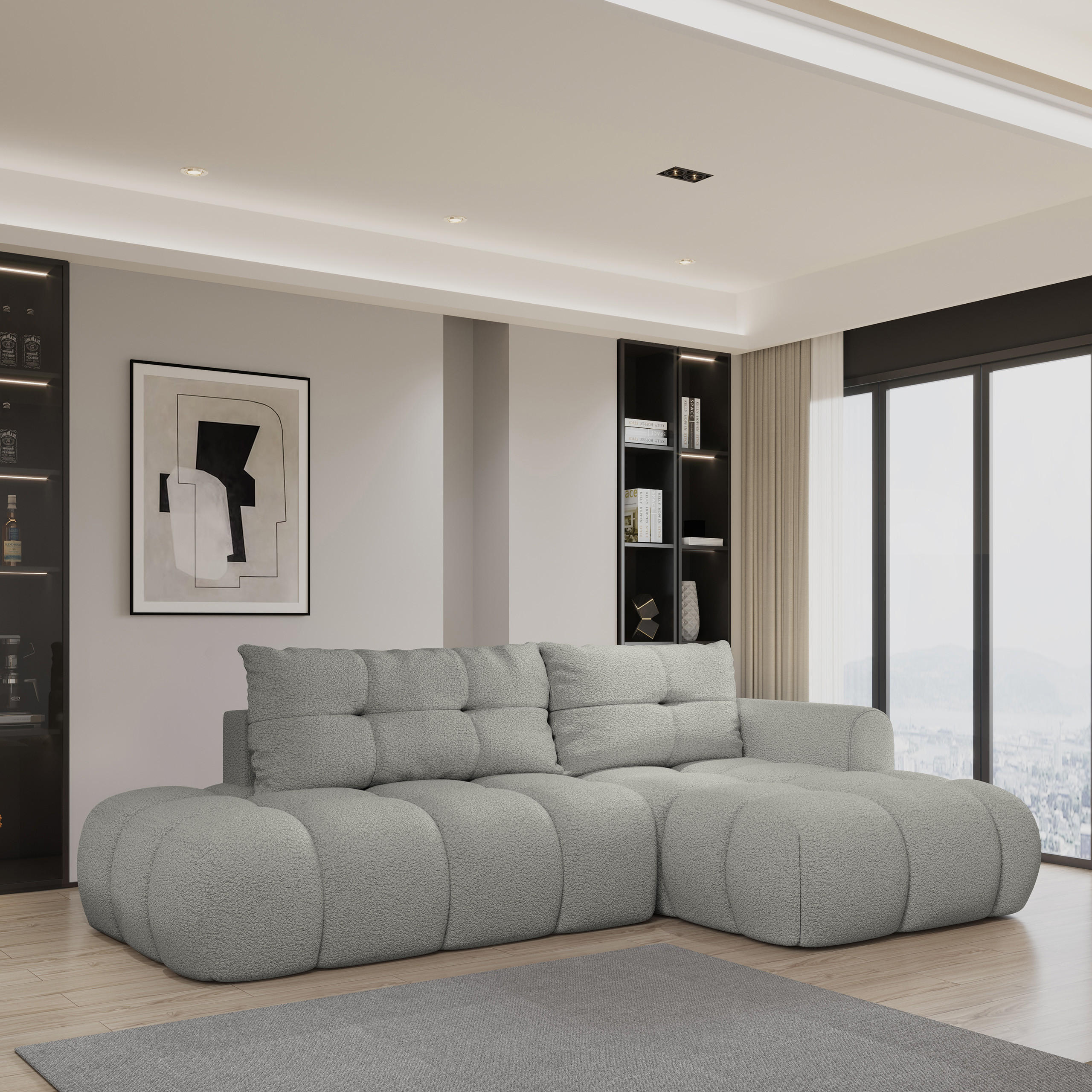 ECKSOFA FLUMA R-S Hellgrau Boucle-Stoff mit Schlaffunktion - Hellgrau, Holz (274/165cm) - MASSENO