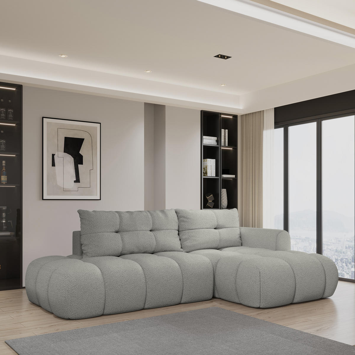ECKSOFA FLUMA R-S Hellgrau Boucle-Stoff mit Schlaffunktion - Hellgrau, Holz (274/165cm) - MASSENO