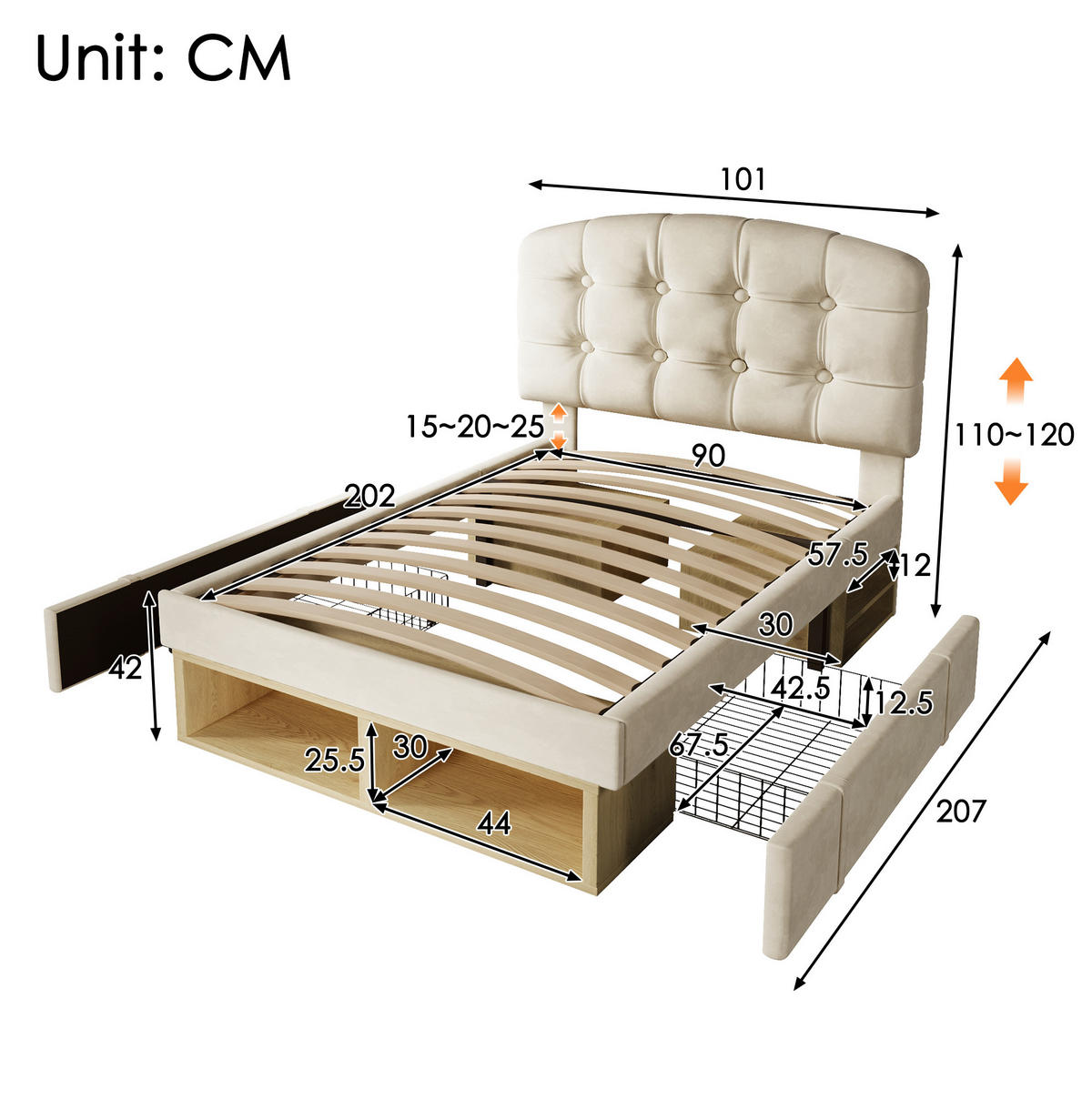 BETT mit Stauraum und Schubladen 90x200 cm Samt Beige - Beige, Metall (90/200cm) - Meubliv