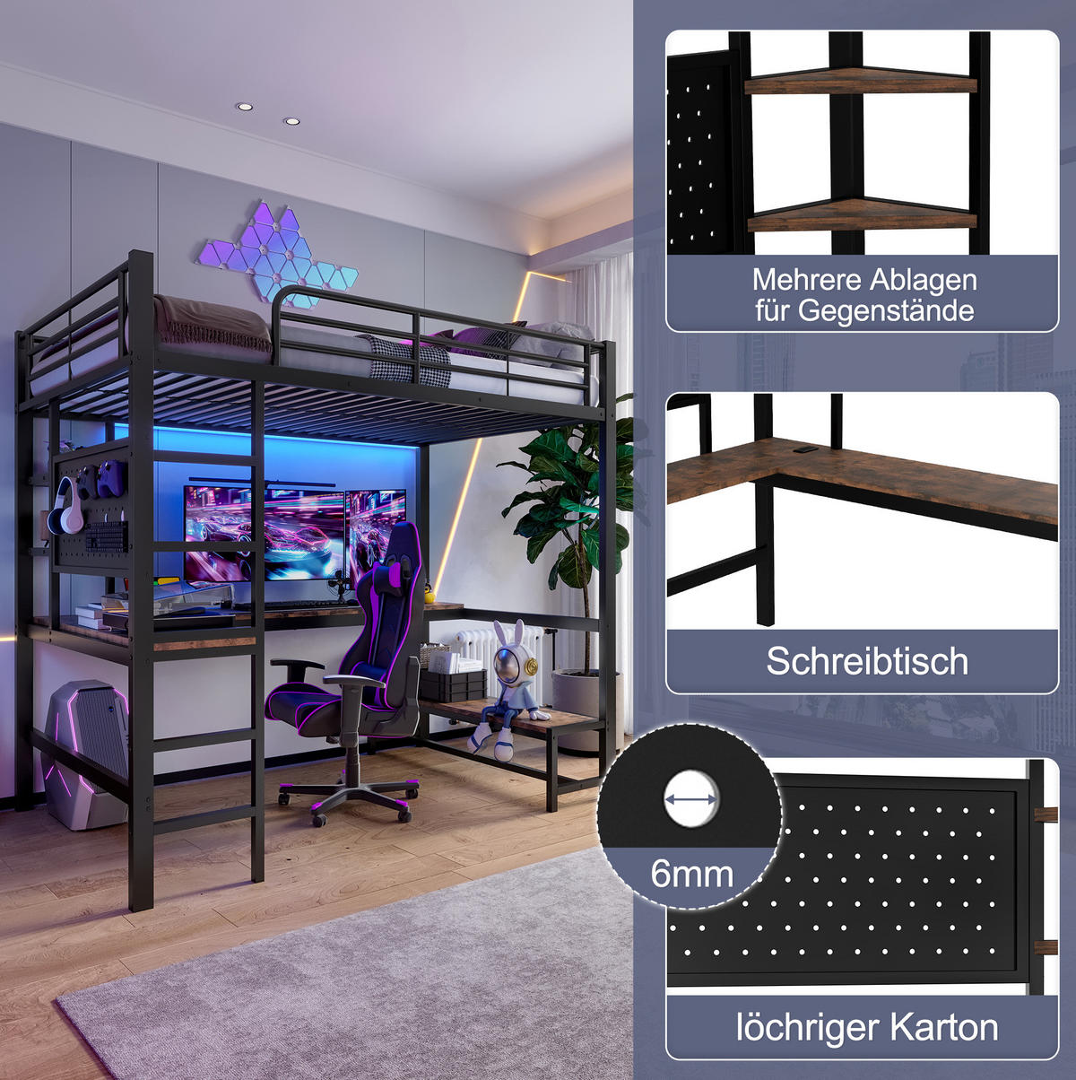 HOCHBETT 90/200 cm, Schwarz mit Schreibtisch, LED und USB-Typ-C-Buchse - Schwarz, Metall (90/200cm) - MIVRAY