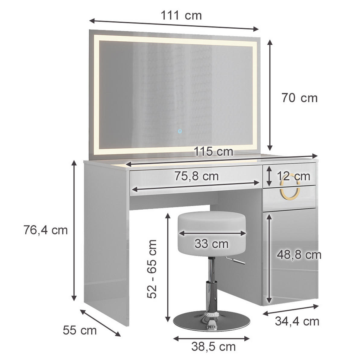 SCHMINKTISCH Adela Weiß 115 cm mit LED Spiegel und Hocker - Weiß, Holzwerkstoff (115/76.4/55cm) - Vicco