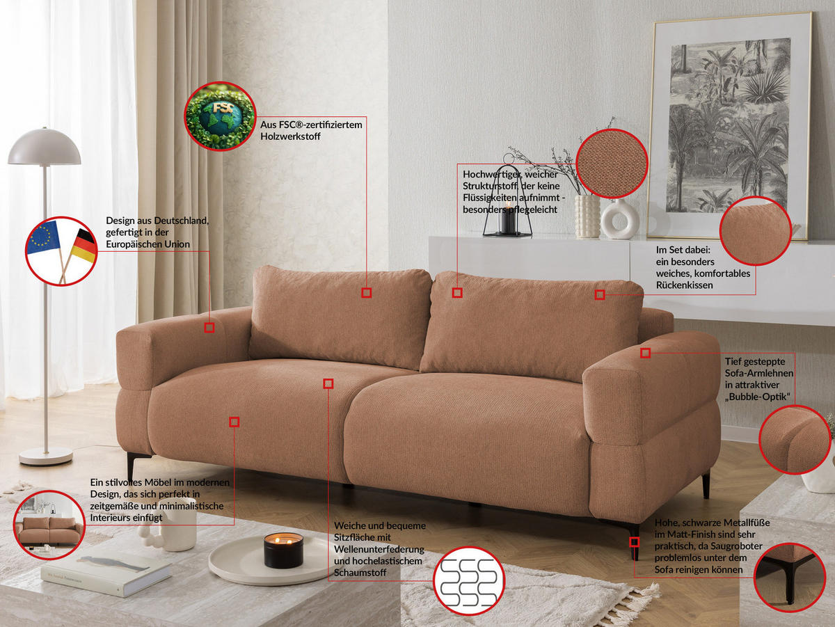 SITZGARNITUR 3+2+1 Cardea in Bubble-Optik aus weichem Terrakotta Strukturstoff mit hohem Sitzkomfort - Terracotta/Schwarz, Holz/Textil (217/80/97cm) - S-Style Möbel