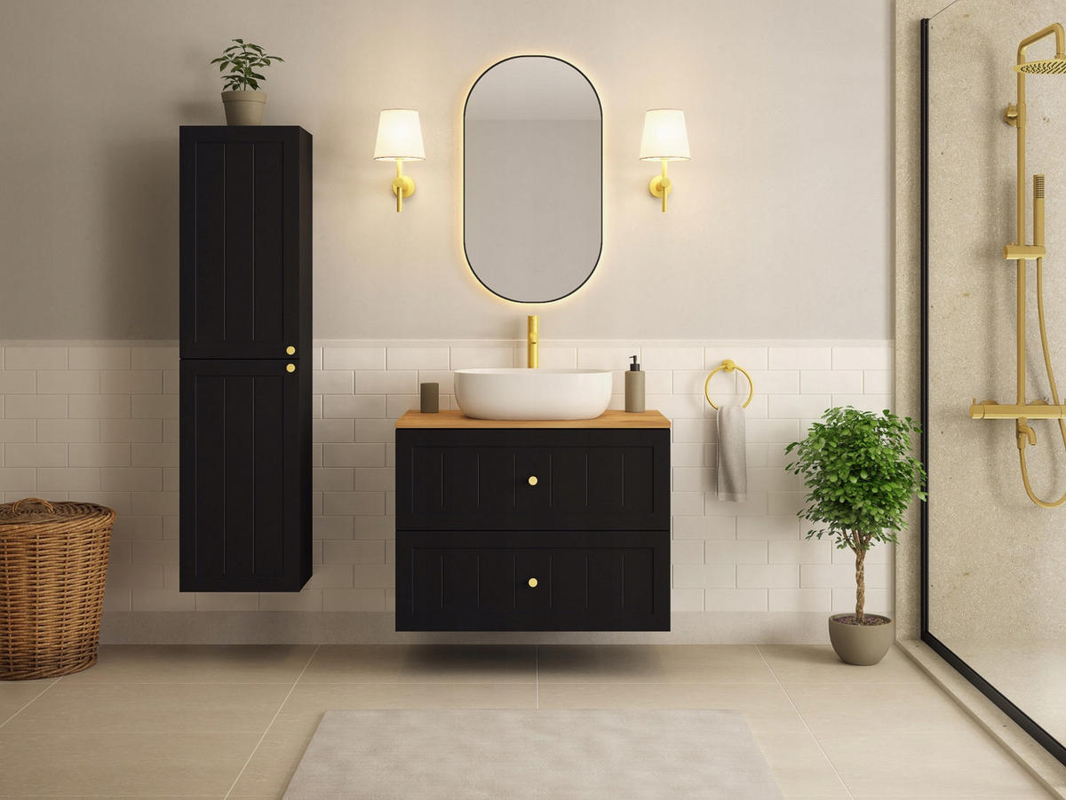 WASCHBECKUNTERSCHRANK GUSTO 160cm mit Arbeitsplatte Farbe: Matt Schwarz Matt Schwarz - Schwarz, Holzwerkstoff (160/58/46cm) - Rodan