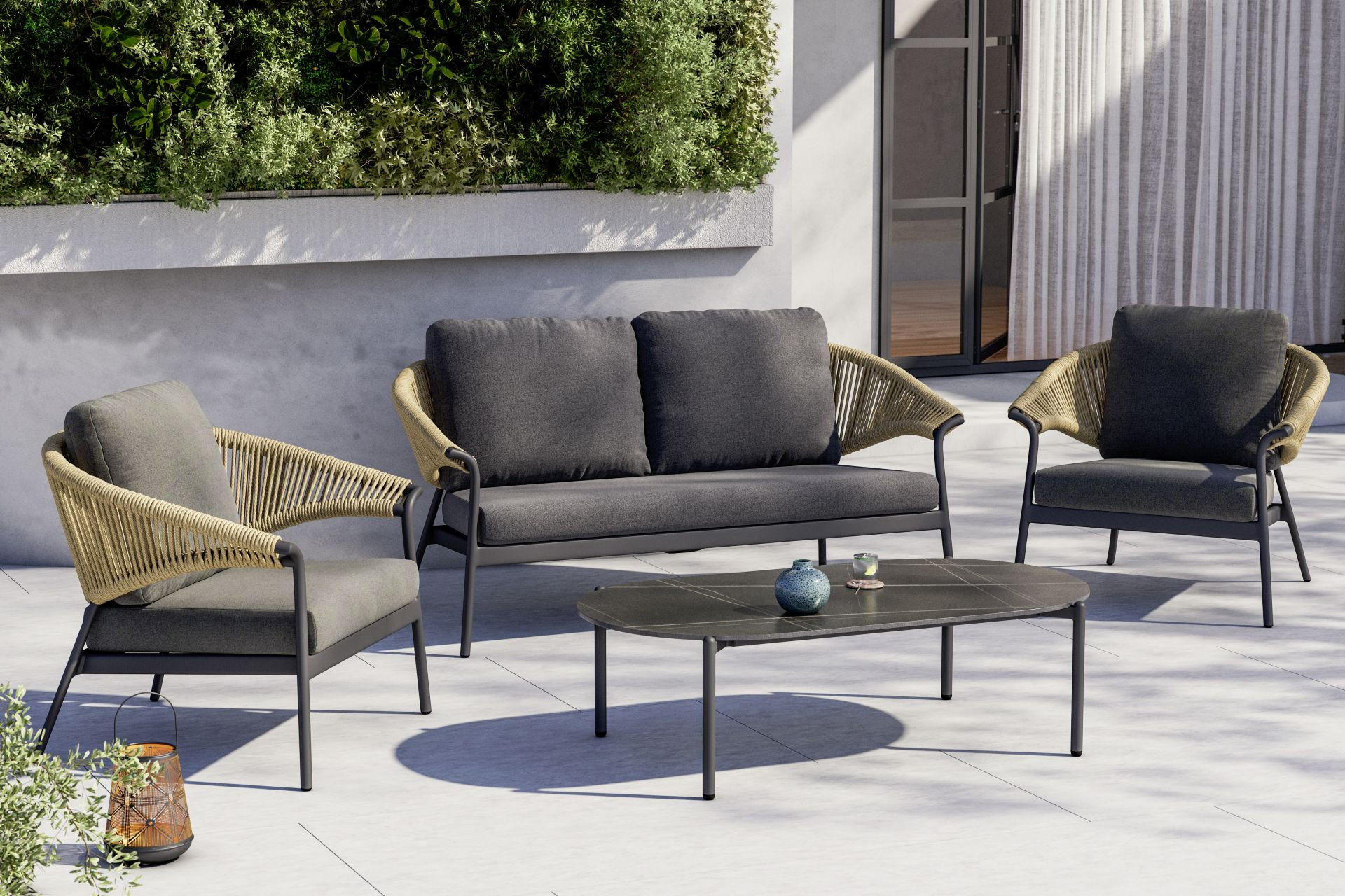 kert riviéra inspirációs kép, fekete, szürke, kötélfonatos, kerti garnitúra