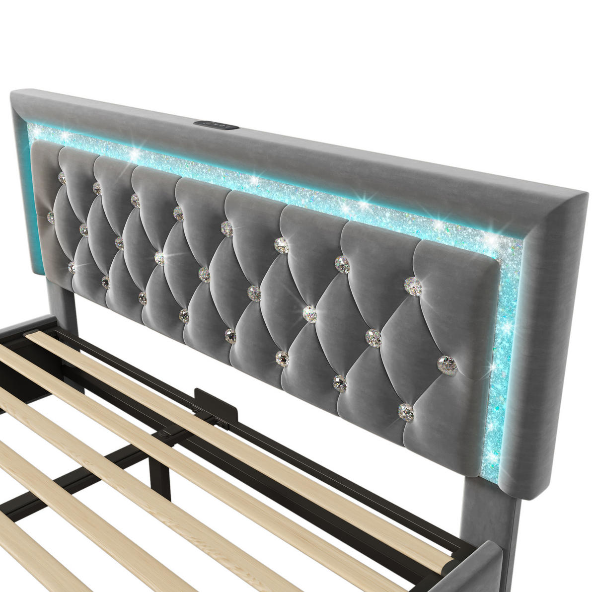 POLSTERBETT aus Samt 160x200 cm Grau mit LED-Beleuchtung, USB- und USB-C-Anschluss sowie Bettkasten - Grau, Textil (160/200cm) - IVMEU