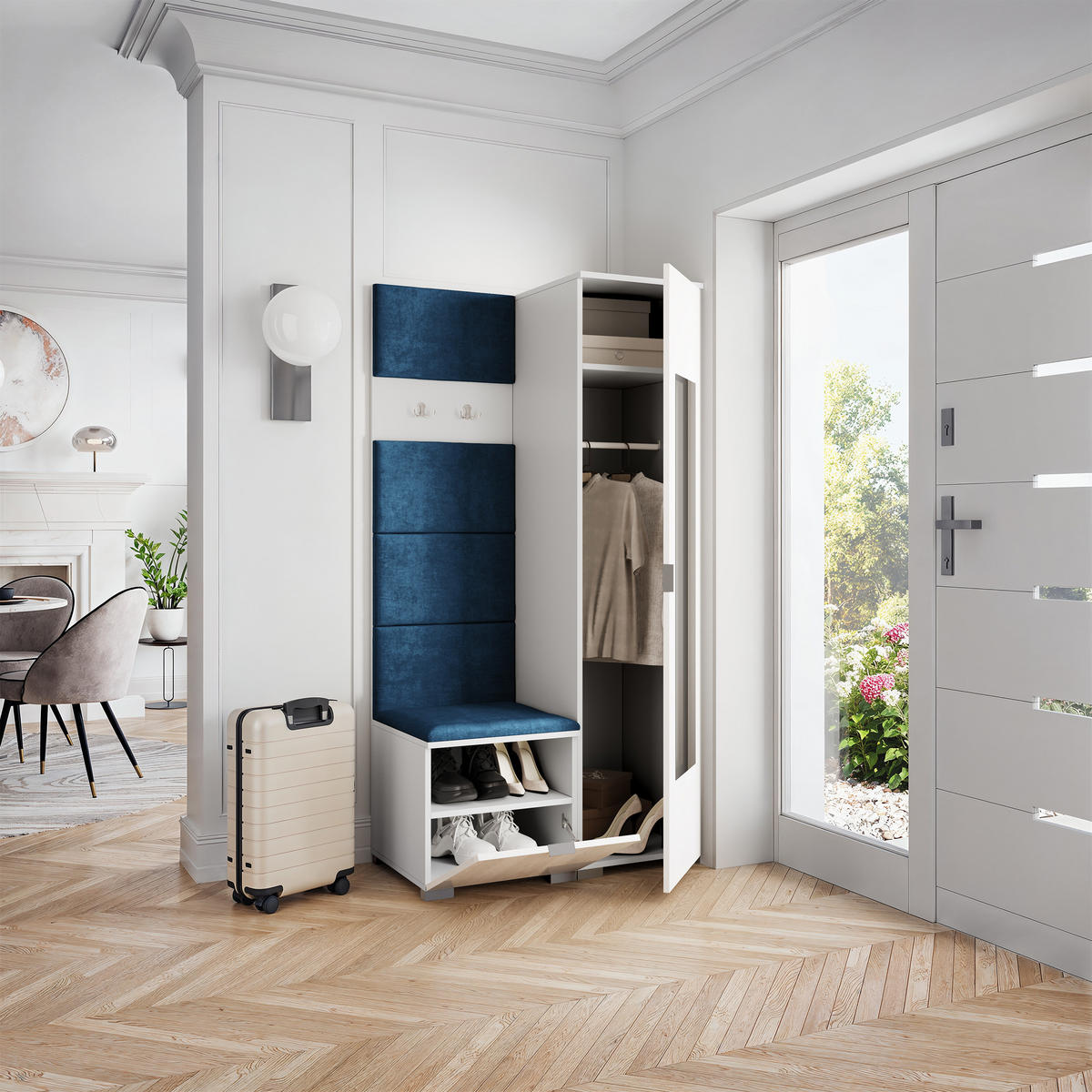 GARDEROBENSCHRANK VIRA 95/181/51 cm Modern Garderobe-Set Weiß - Blau/Weiß, Holzwerkstoff (95/181/51cm) - MASSENO