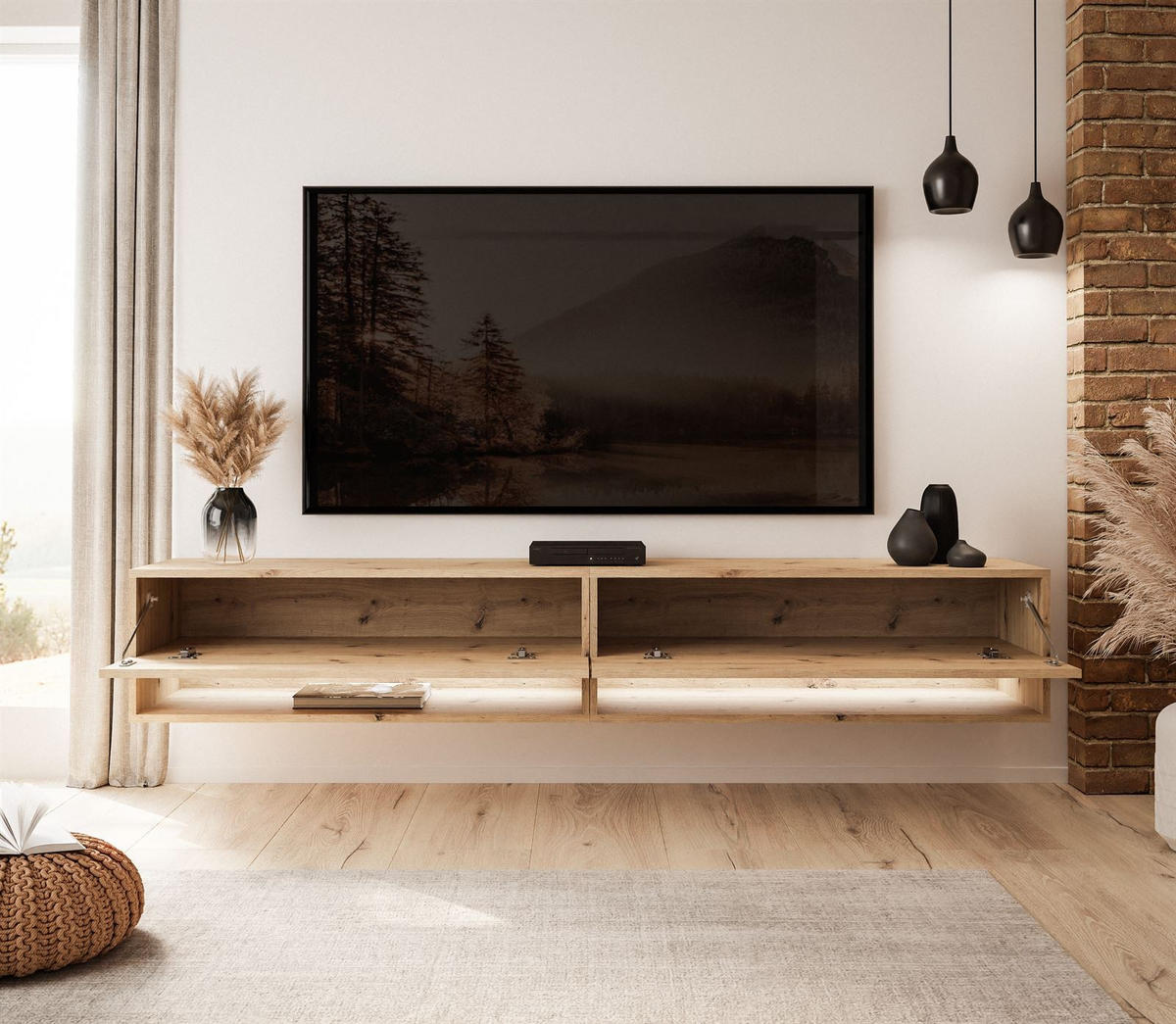 HÄNGESCHRANK TV-Möbel CALANTE LOFT 180 cm mit LED-Beleuchtung - Eiche Artisan, Holzwerkstoff (180/30/35cm) - Lookway