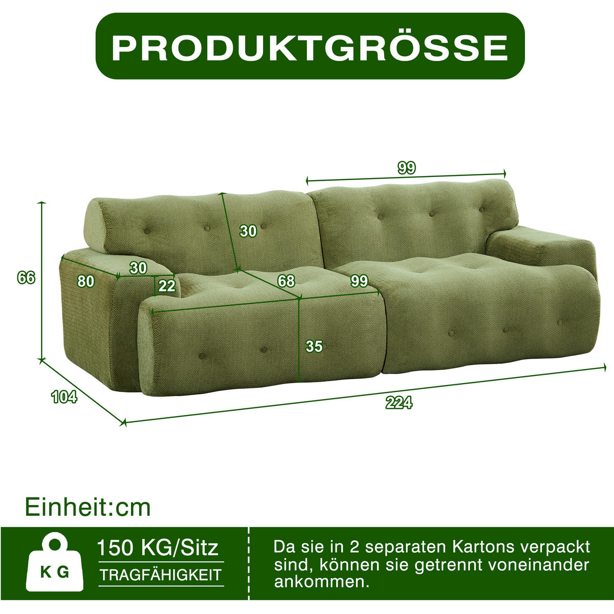 2-SITZER SOFA Chenille Grün montagefrei - Grün, Textil (224/66/104cm) - WISHDOR