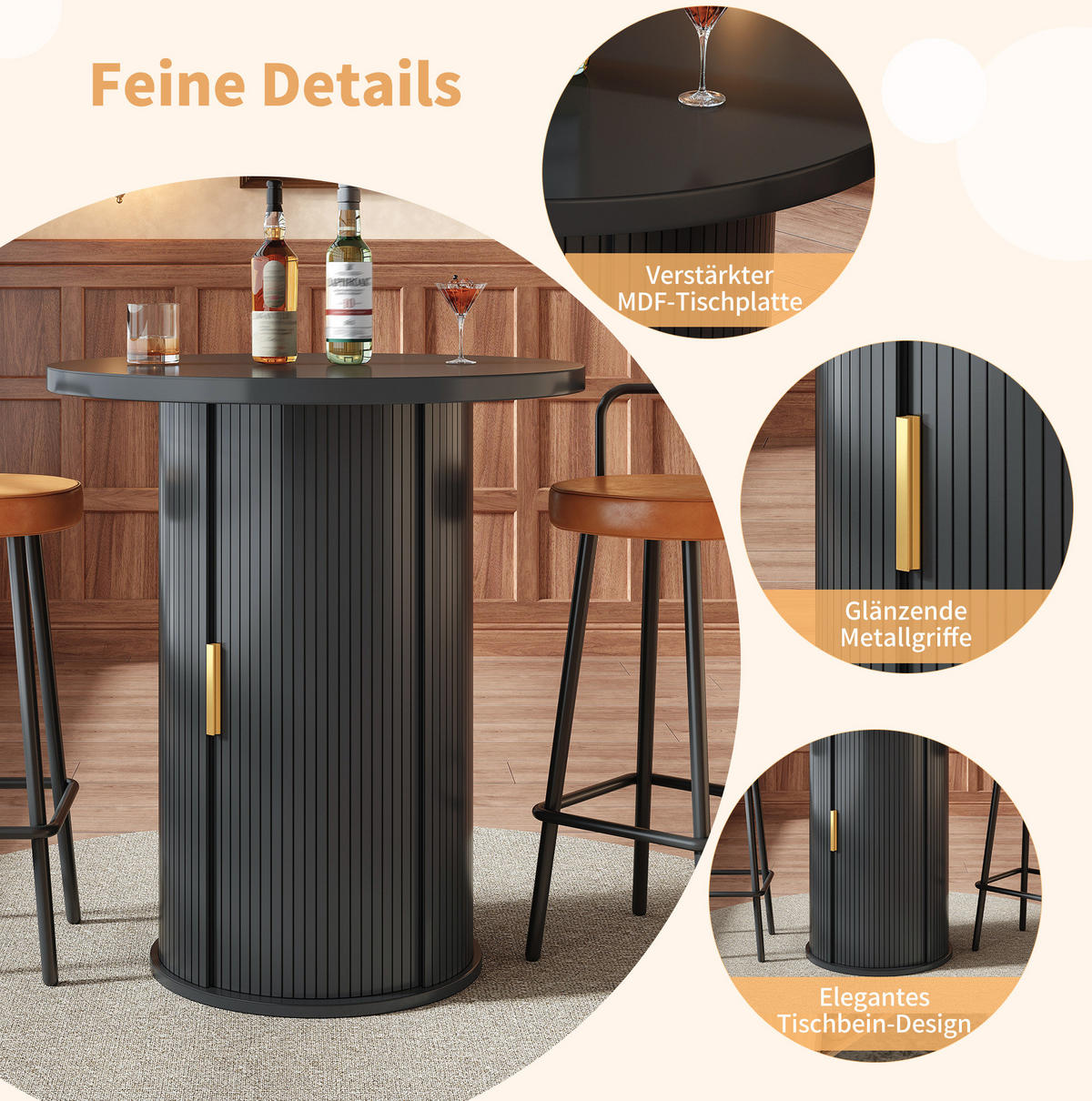 BARTISCH mit Stauraum 60 x 60 x 91,6 cm Schwarz - Schwarz, Metall (60/60/91.6cm) - Meubliv