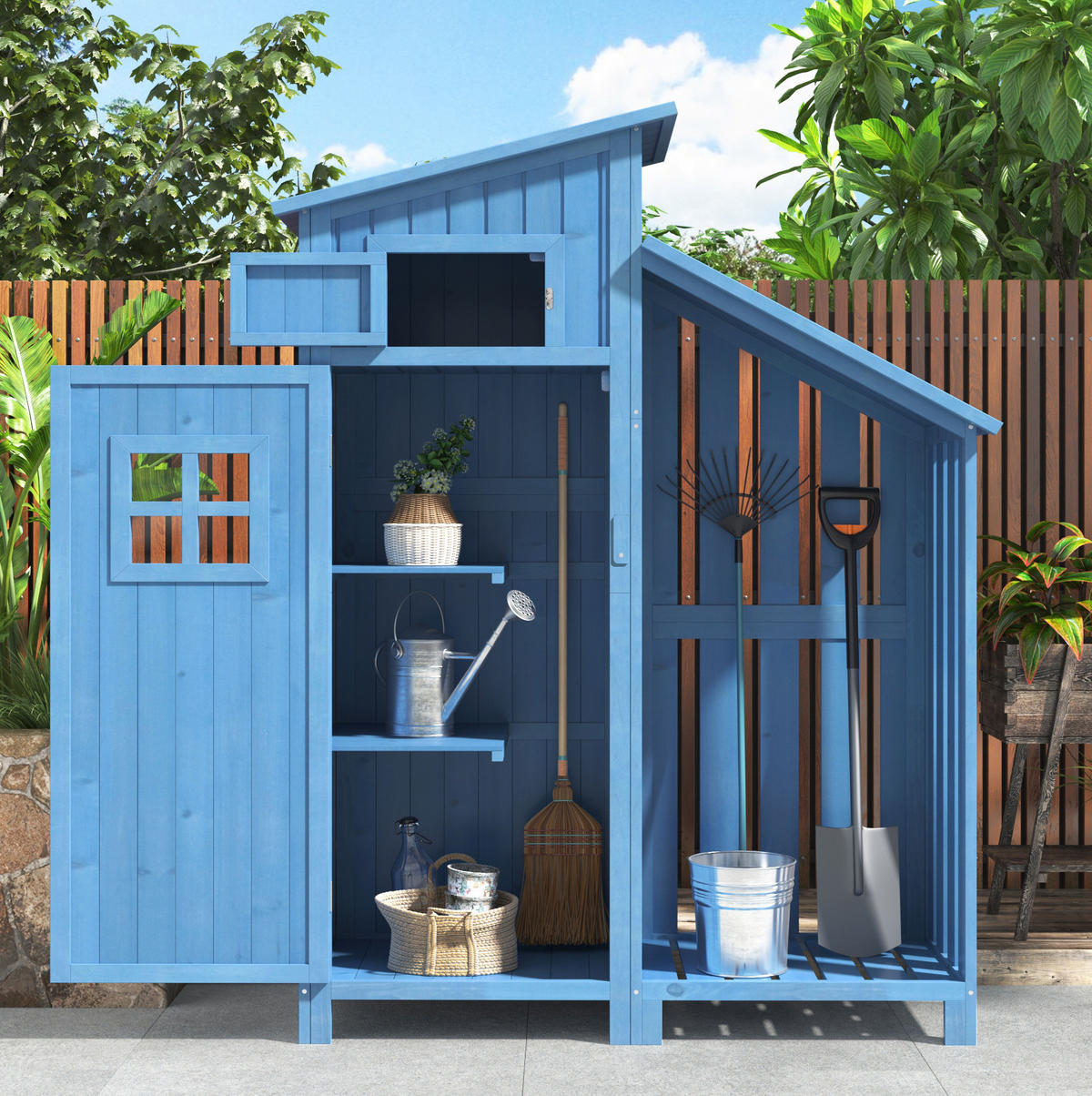 GARTENSCHRANK aus Massivholz 124x46x174cm Blau mit 2 Regalen - Blau, Holz (46/174/124cm) - Modfu