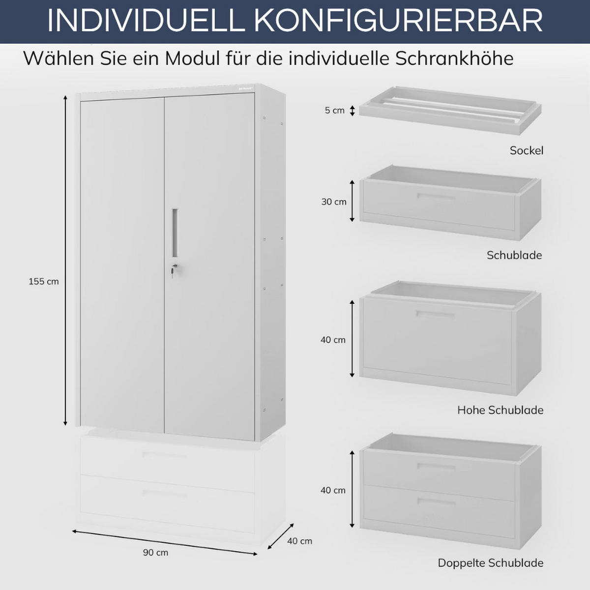 METALLSCHRANK mit Doppel-Schublade RUEL 195x90x40cm Grau - Grau, Metall (90/195/40cm) - DELUKE