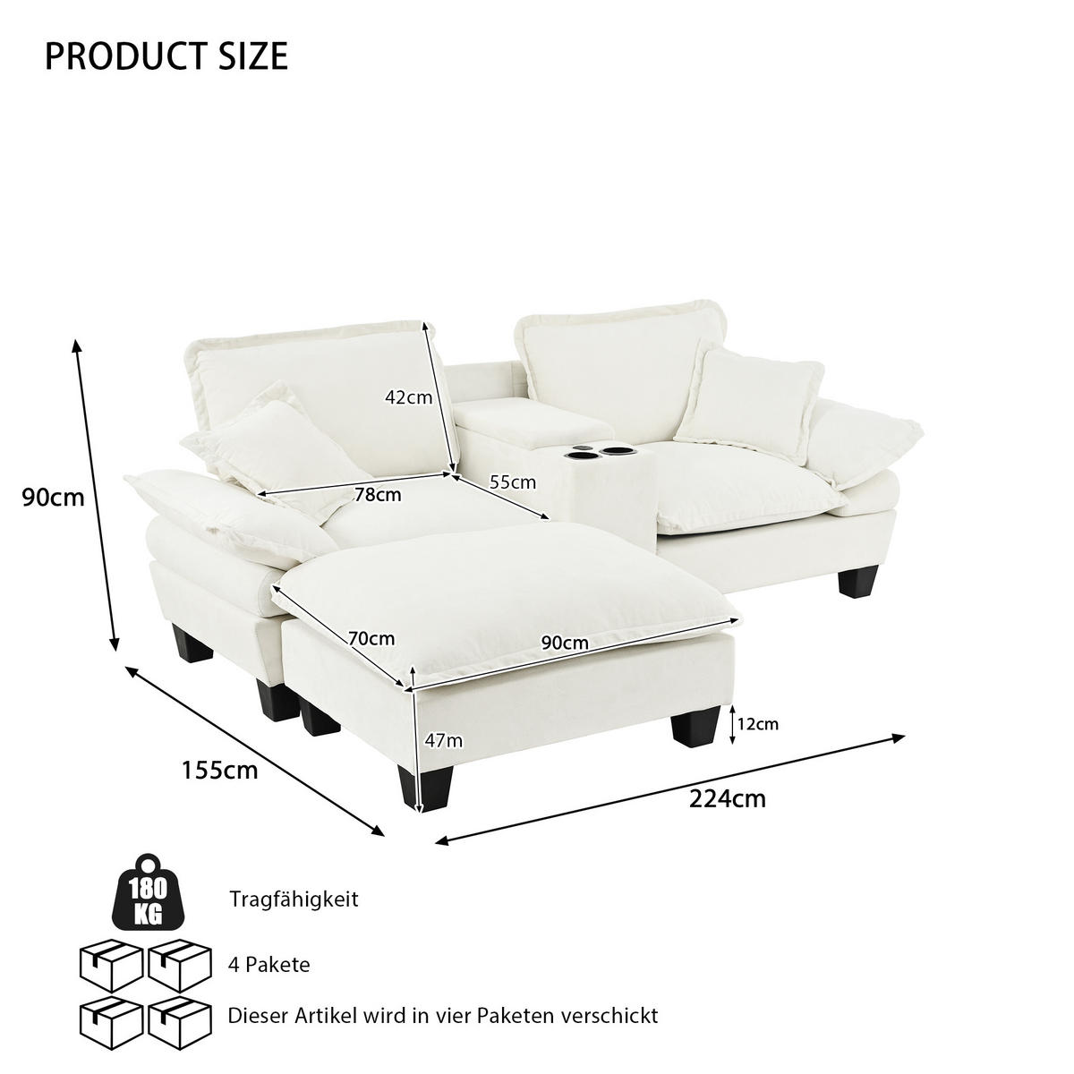 ECKSOFA 224/155/90 cm Beige mit Getränkehaltern, Stauraum, USB-Anschluss, 1 Ottomane und 2 Kissen - Beige, Textil (224/151cm) - Oxeza