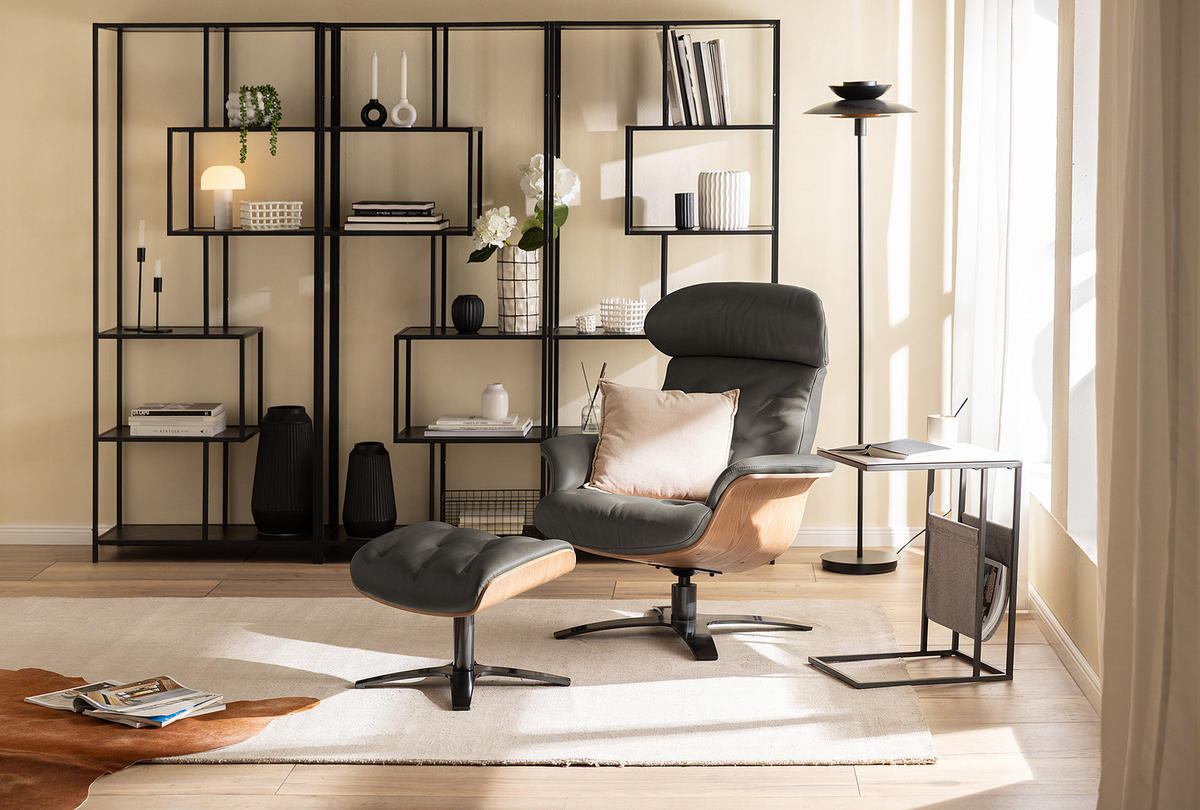 POLSTERHOCKER - Leder - Dunkelgrau/Grau, Leder/Metall (52/40/39cm) - home24