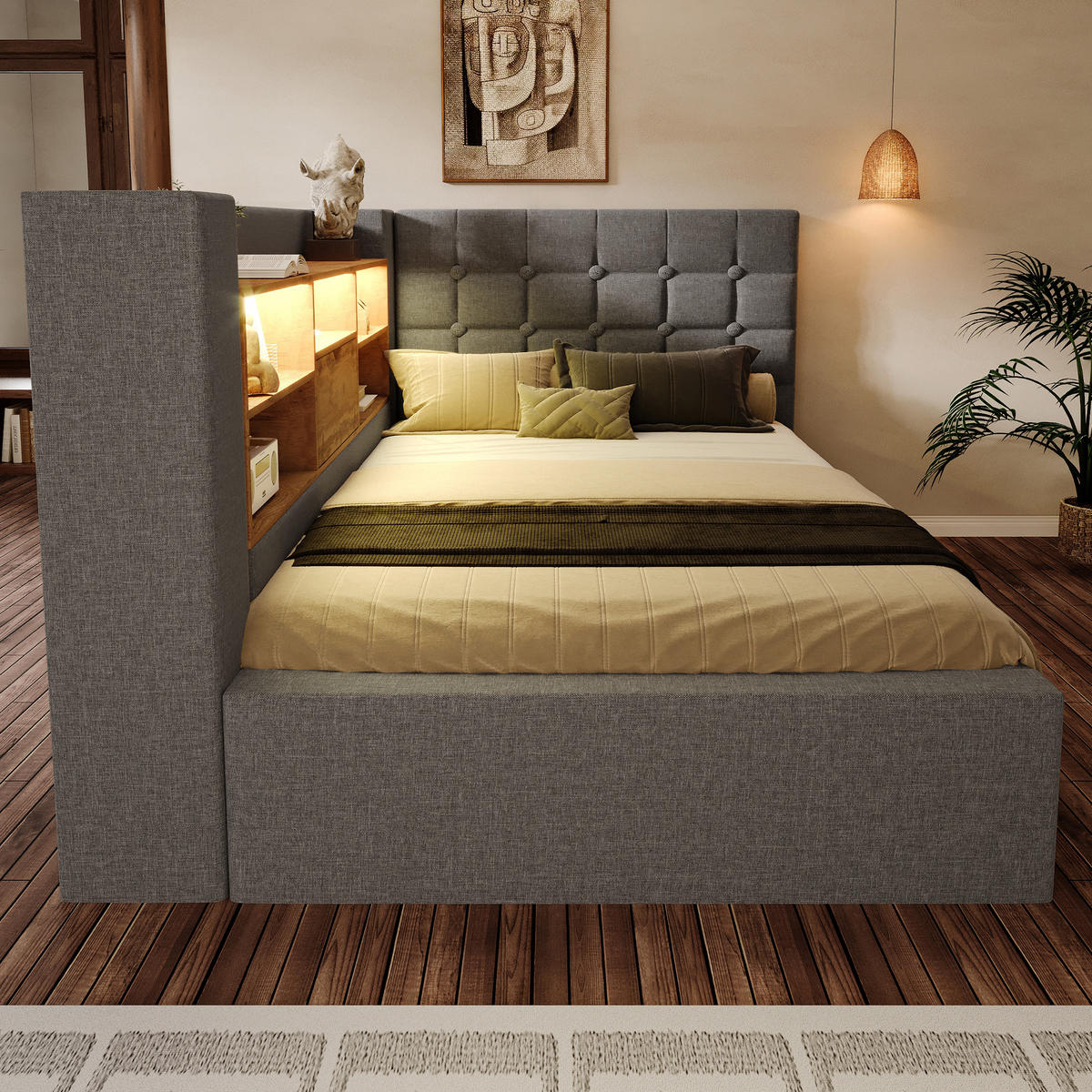 POLSTERBETT 90/200 cm Grau mit LED-Beleuchtung und Stauraum (Ohne Matratze) - Grau, Textil (90/200cm) - Oxeza