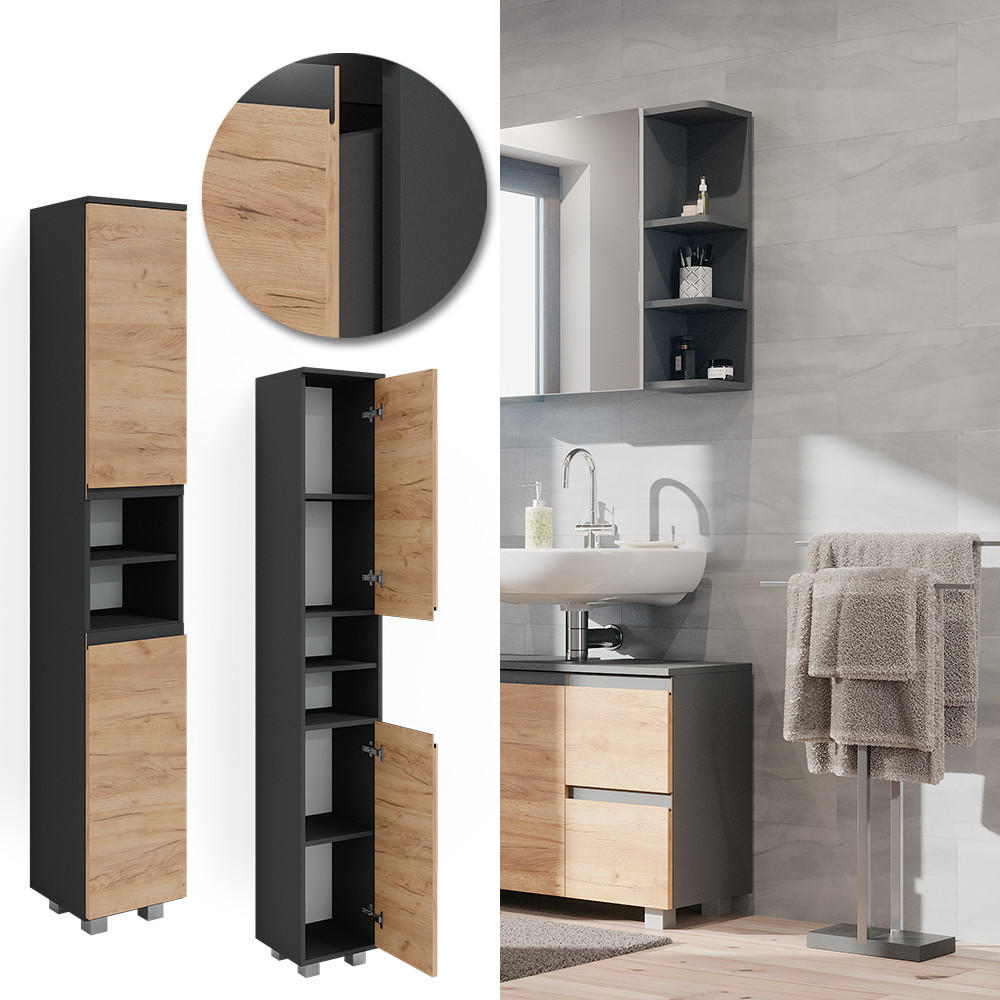 BADSCHRANK J-Shape Grau 30 x 190 cm - Eichefarben/Grau, Holzwerkstoff (30/190/30cm) - Vicco