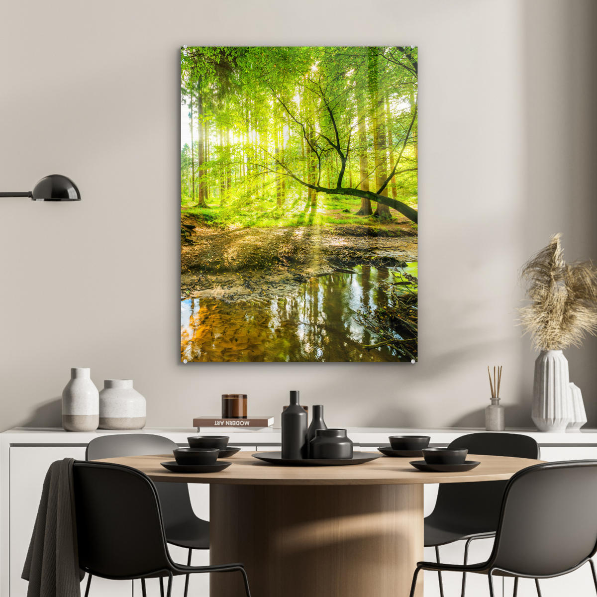 ACRYLGLASBILD Wald - Landschaft - Wasser - Bäume - Sonne - Grün - Natur 60x80 cm - Grün, Glas (60/80cm) - MuchoWow