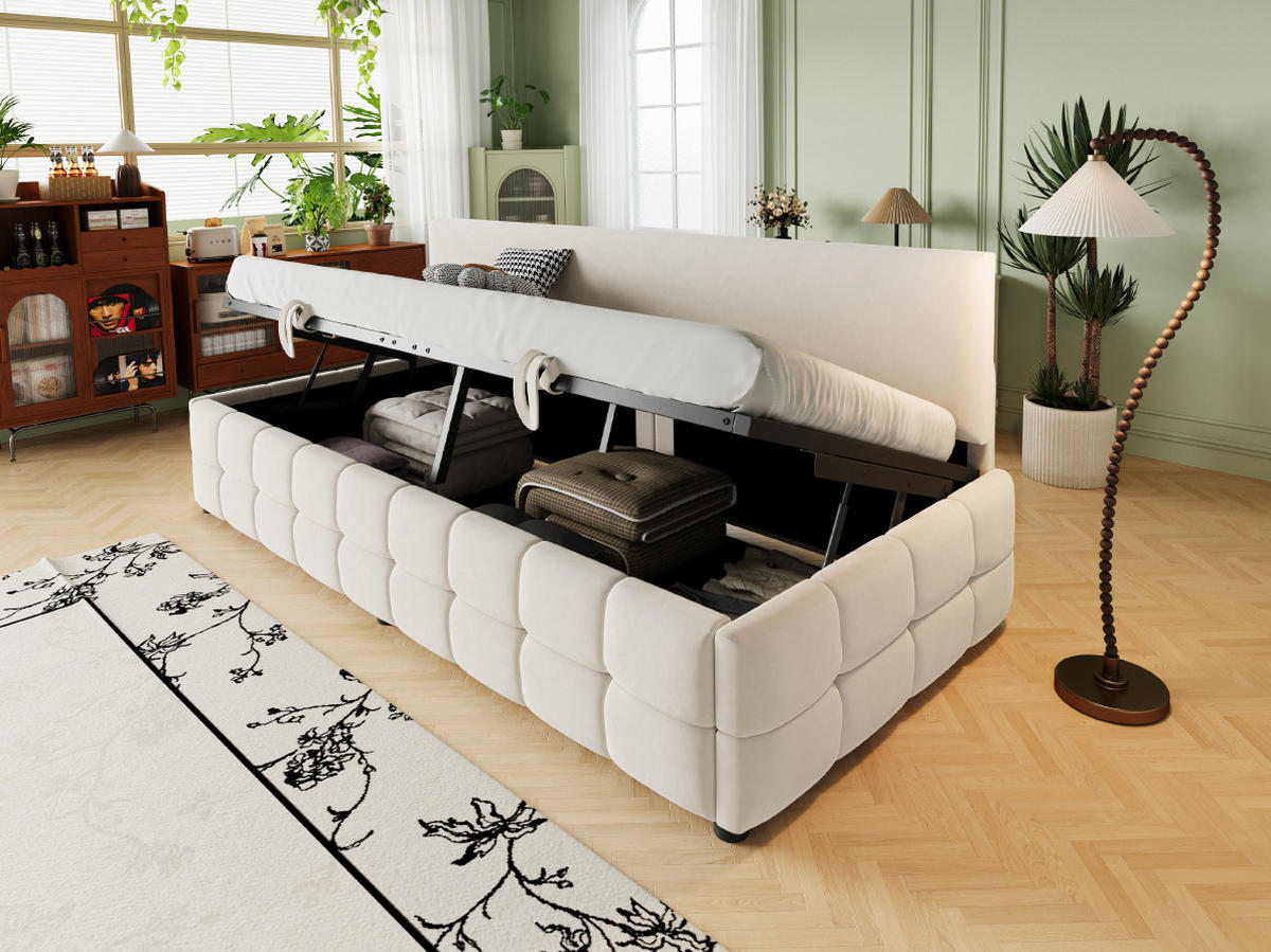 POLSTERBETT 90/200 cm Beige aus Samt mit Stauraum - Beige, Textil (90/200cm) - OKMYHOME