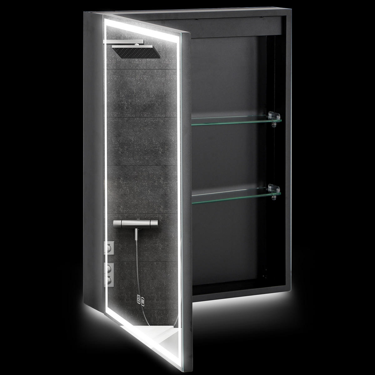SPIEGELSCHRANK, verstellbarer LED-Beleuchtung und Antibeschlagfunktion,50*12.8*70cm, Schwarz - Schwarz, Glas (50/70/12.8cm) - Vallsero