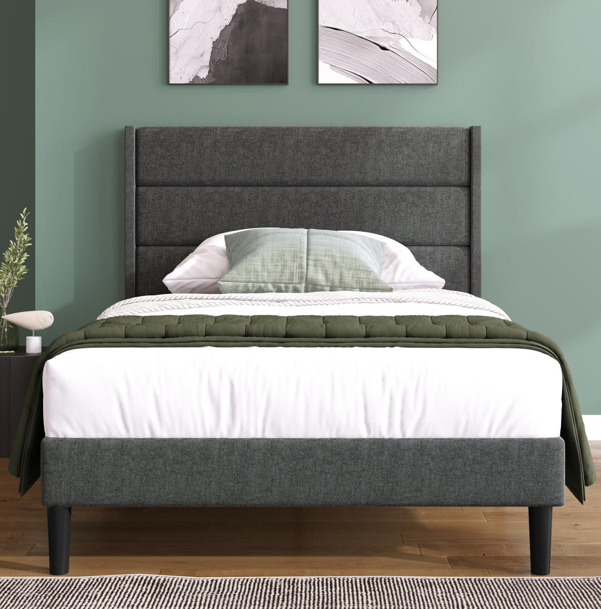 POLSTERBETT 90/200 cm grau aus Leinen mit Matratze und Lattenrost - Dunkelgrau, Textil (90/200cm) - OKWISH