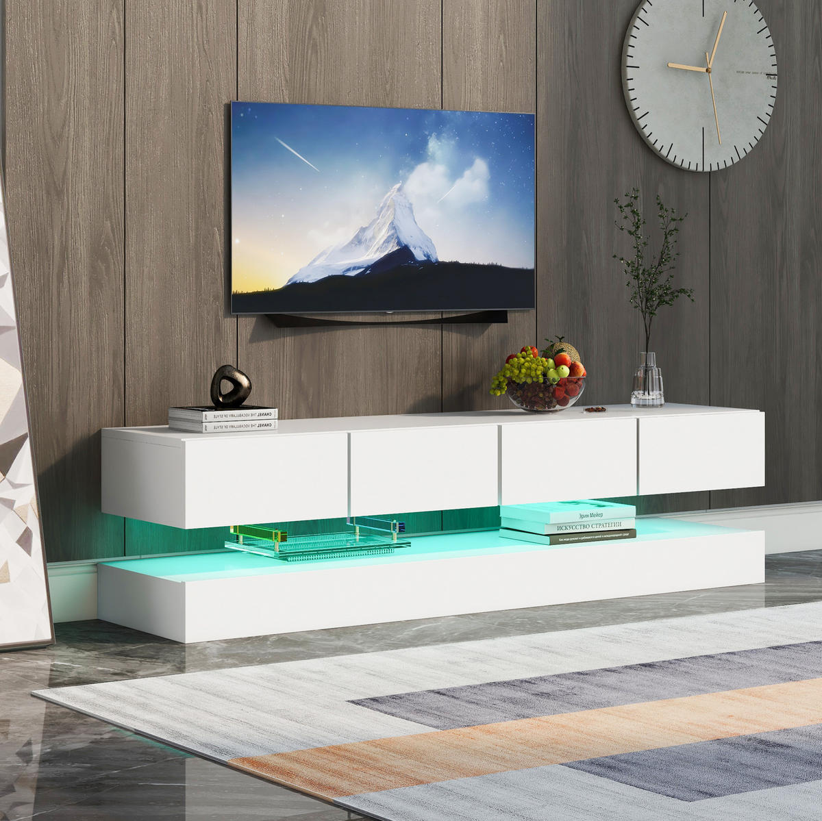 TV-LOWBOARD aus MDF 130x33x15 cm Weiß wandhängend mit LED-Beleuchtung, 4 Schubladen und Bluetooth-App-Steuerung - Weiß, Holzwerkstoff (130/15/33cm) - Modfu