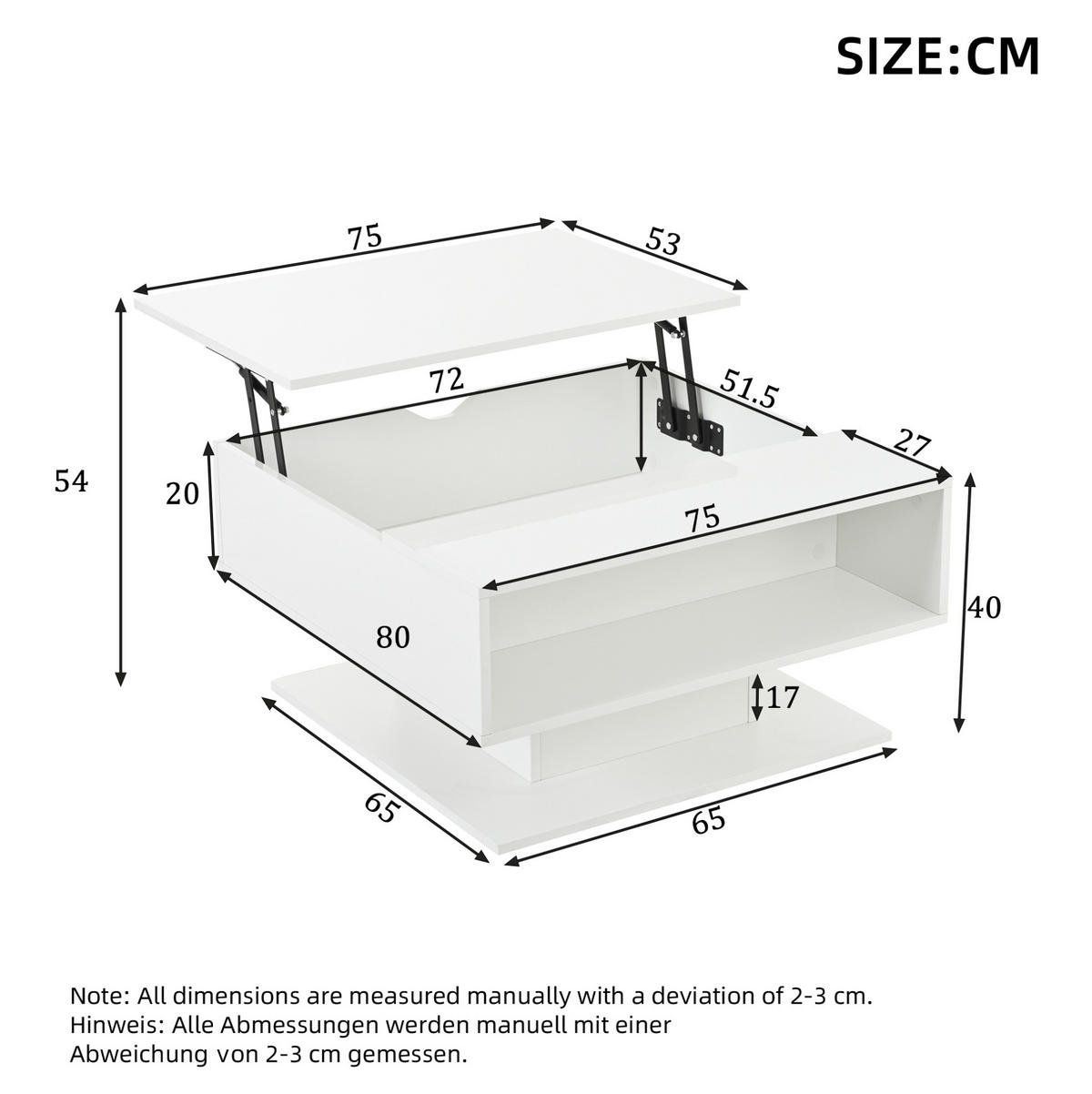 COUCHTISCH 80/75/40 cm mit Hubfunktion und LED-Beleuchtung in Weiß - Weiß, Holzwerkstoff (80/75/40cm) - Flora Grace
