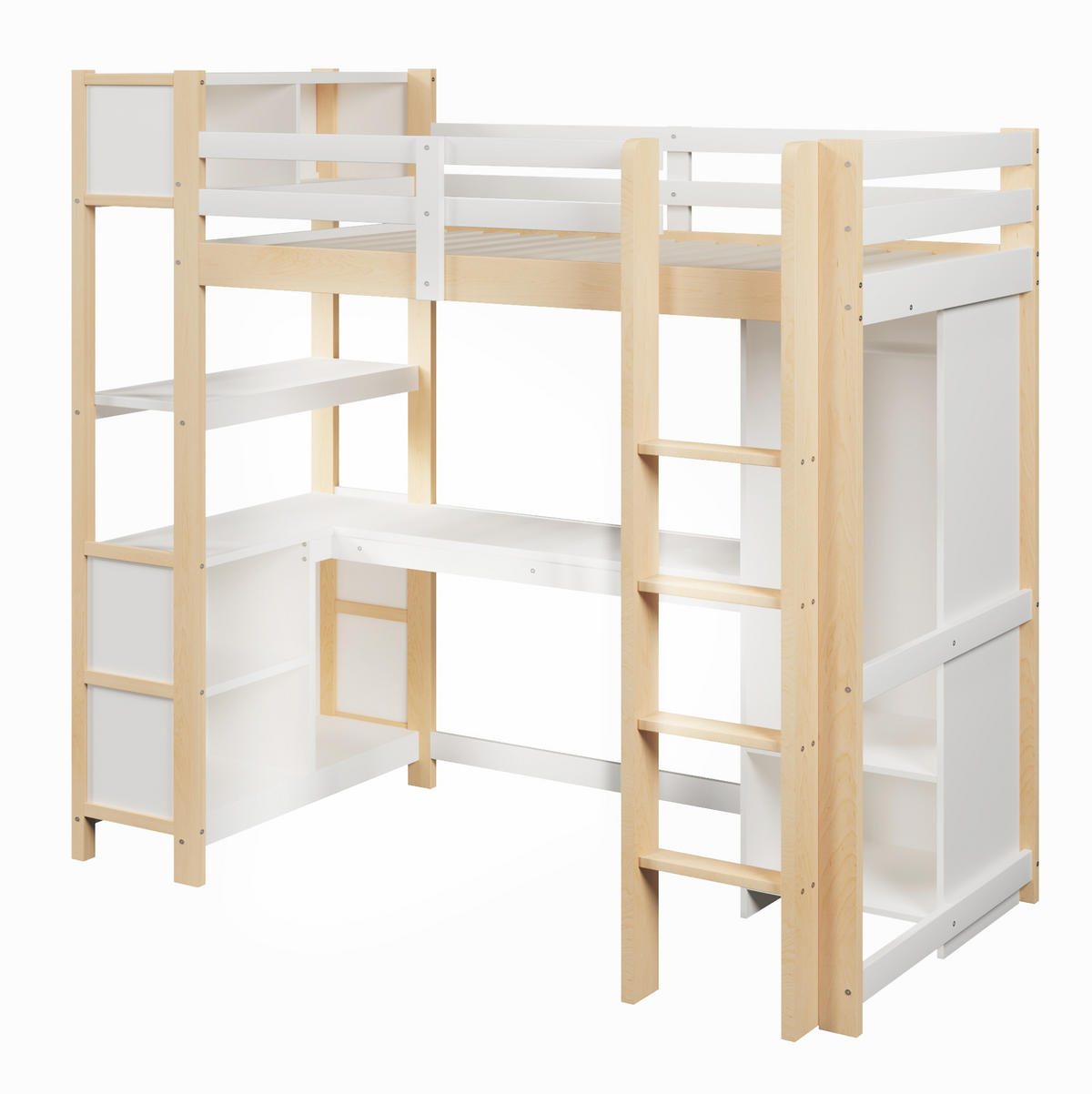 VISOKA postelja 90/200 cm bela/naravna z mizo, policami in omaro iz bora in MDF - naravne barve, leseni material (90/200cm) - OKWISH