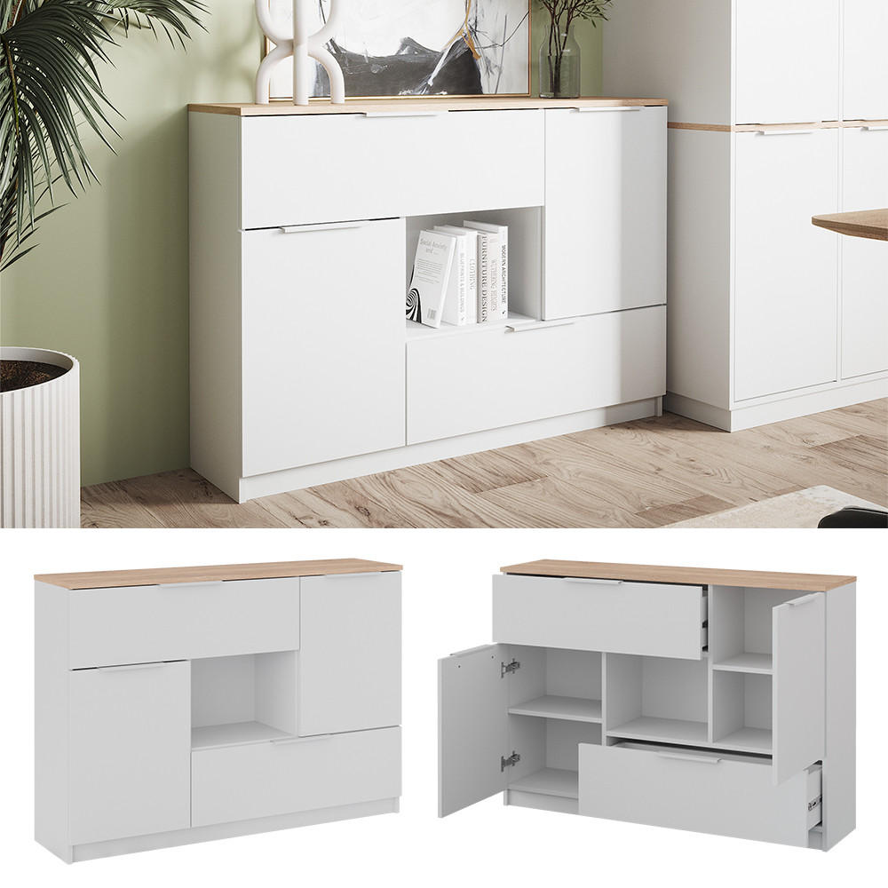 KOMMODE Betti Weiß/Sonoma 120 x 83.6 cm 2x Tür 2x Schublade und 1x offenes Fache - Weiß/Sonoma Eiche, Holzwerkstoff (120/83.6/30cm) - Vicco