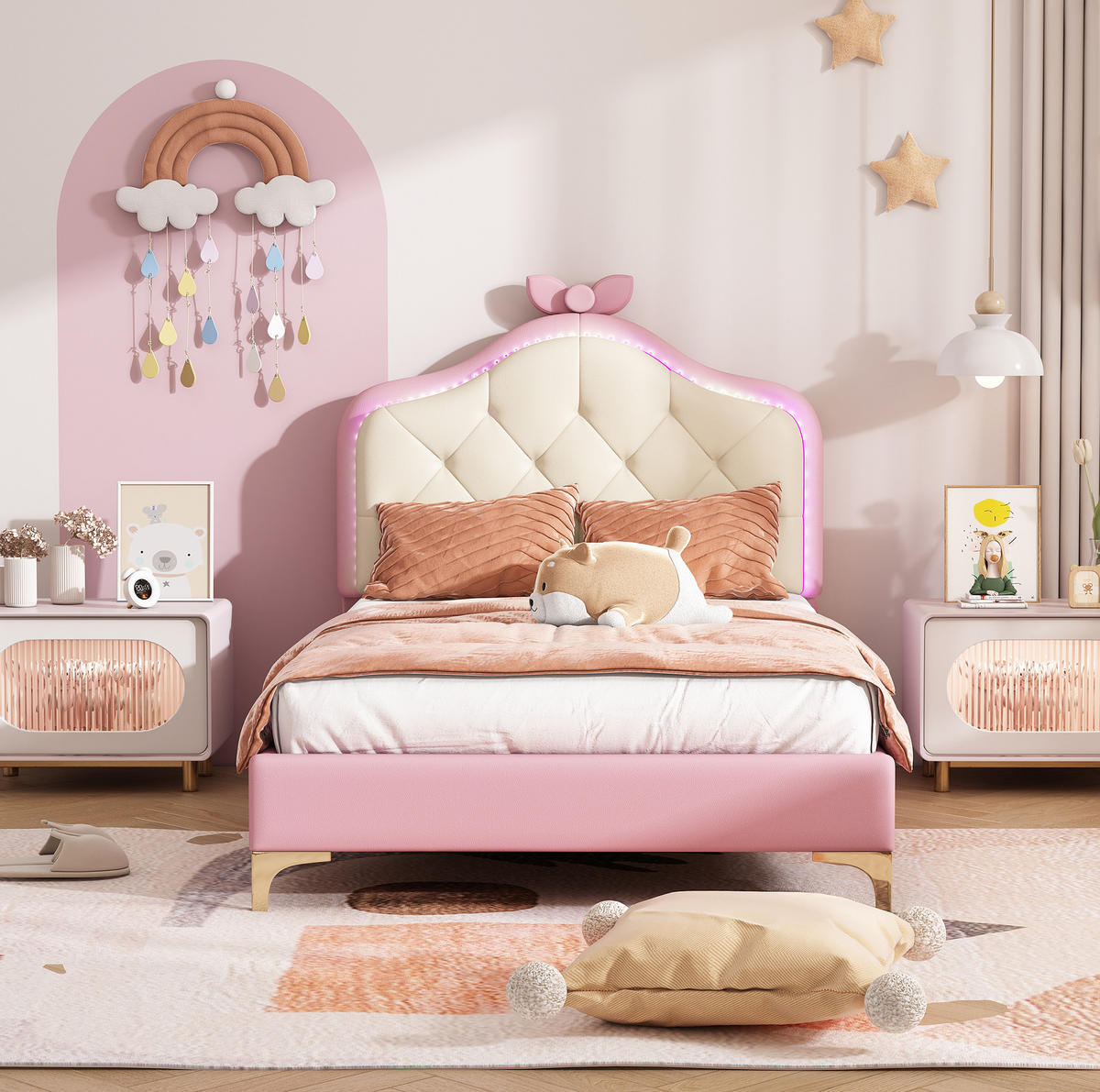POLSTERBETT aus PU 90x200 cm Rosa-Weiß mit LED-Beleuchtung und Schleife - Weiß, Kunststoff (90/200cm) - IVMEU