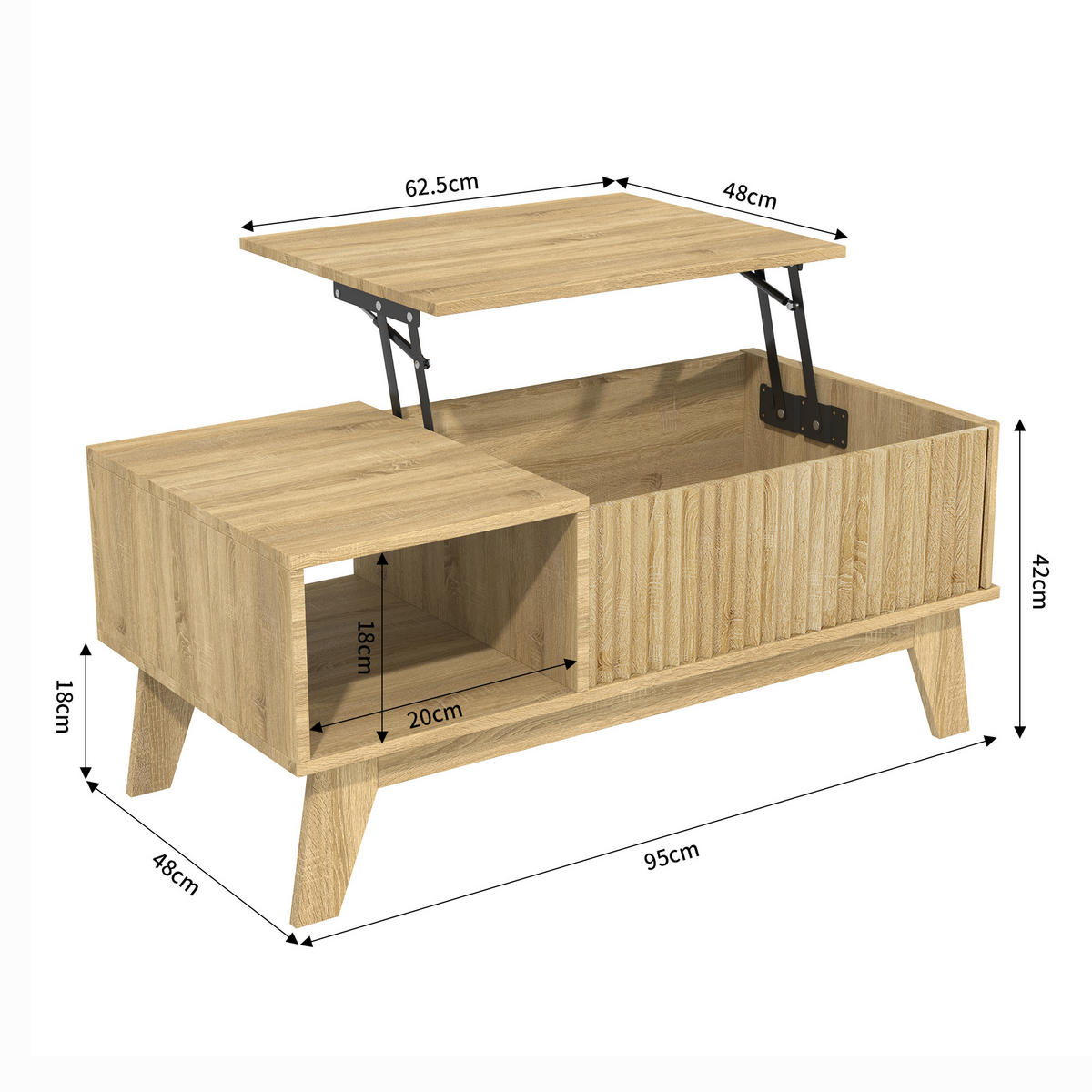 COUCHTISCH höhenverstellbar, holzoptik, mit stauraum - Eichefarben, Holz (95/48/42cm) - SHOPENTRA