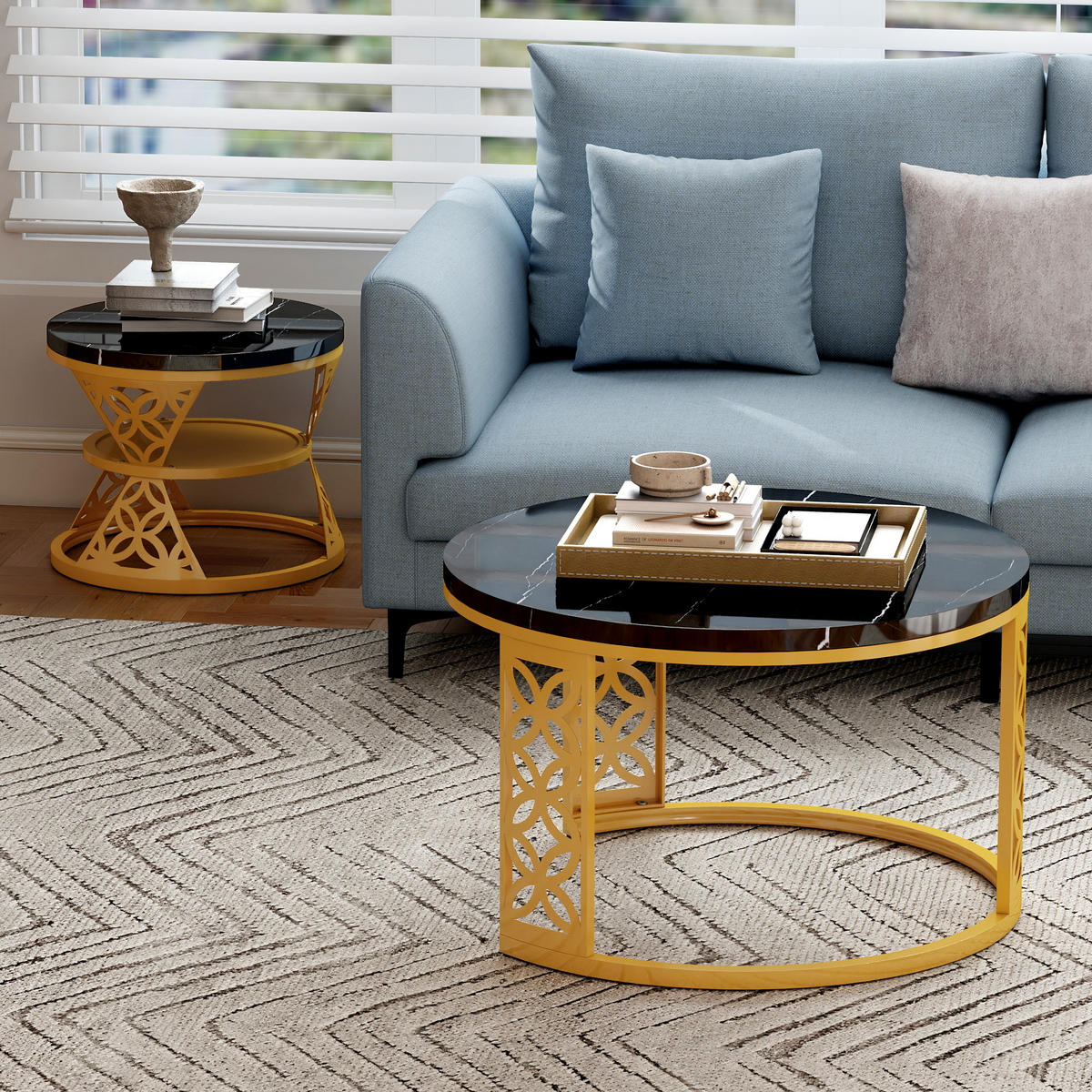 COUCHTISCH 70/70/45 cm 2-teilig in Schwarz-Gold mit Marmoroptik - Schwarz, Holzwerkstoff (70/70/45cm) - OKMYHOME