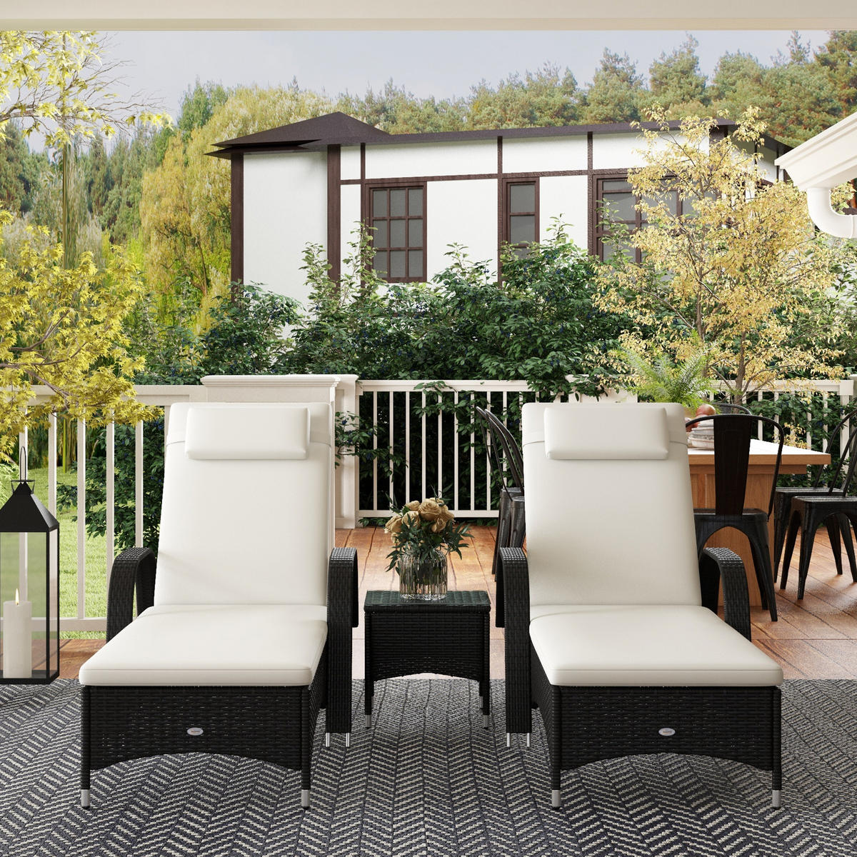 GARTENLIEGE Tisch 3er-Set Gartenmöbel, Polyrattan+Metall Schwarz+Cremeweiß - Schwarz, Kunststoff (73/103/200cm) - Outsunny