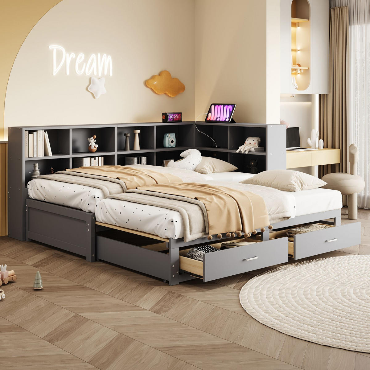 JUGENDBETT 90/180x190cm mit Ausziehbett，Grau - Grau, Holz (90/190cm) - KOMHTOM