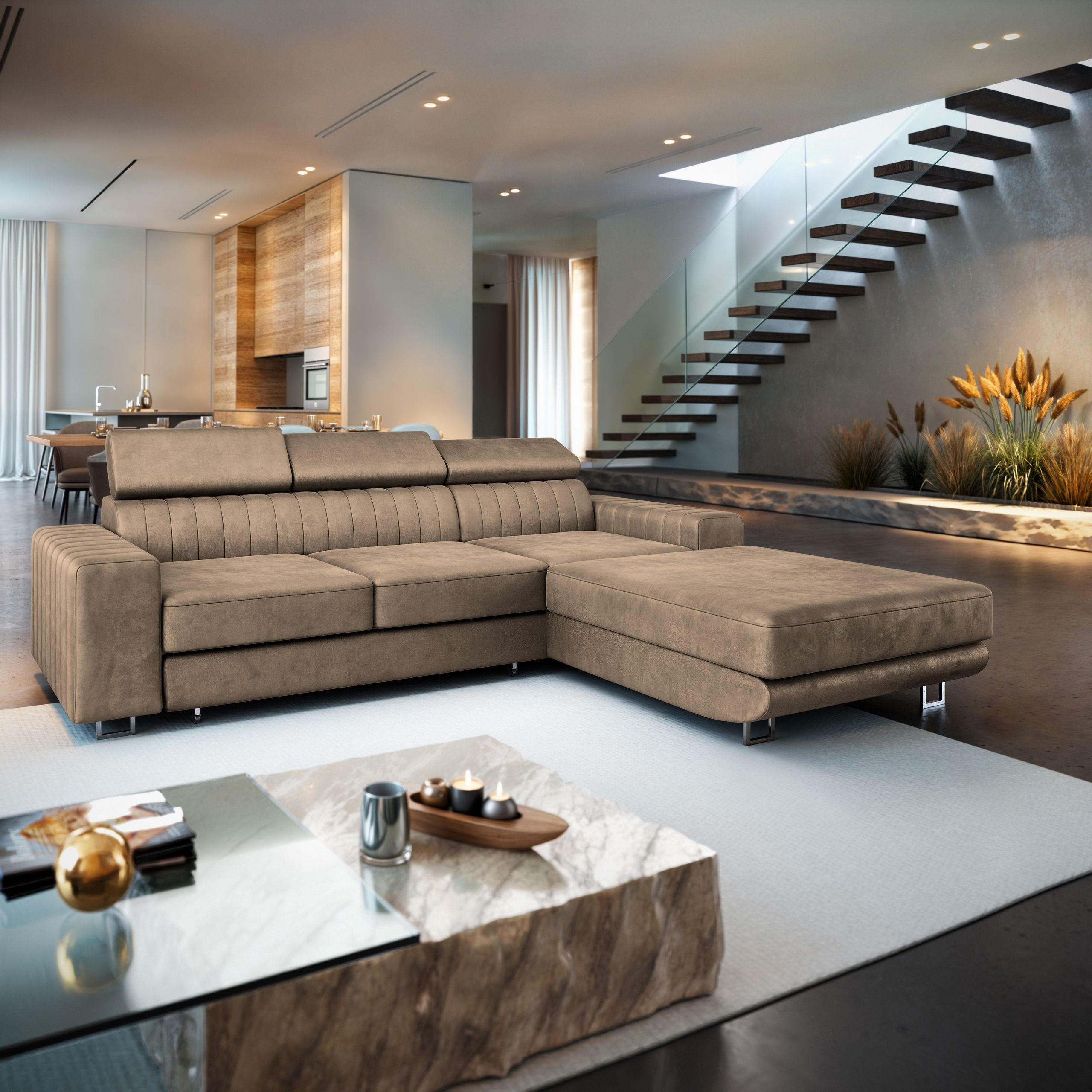 ECKSOFA NOTO R-S Beige Velours-Stoff mit Schlaffunktion - Beige, Holz (267/190cm) - MASSENO