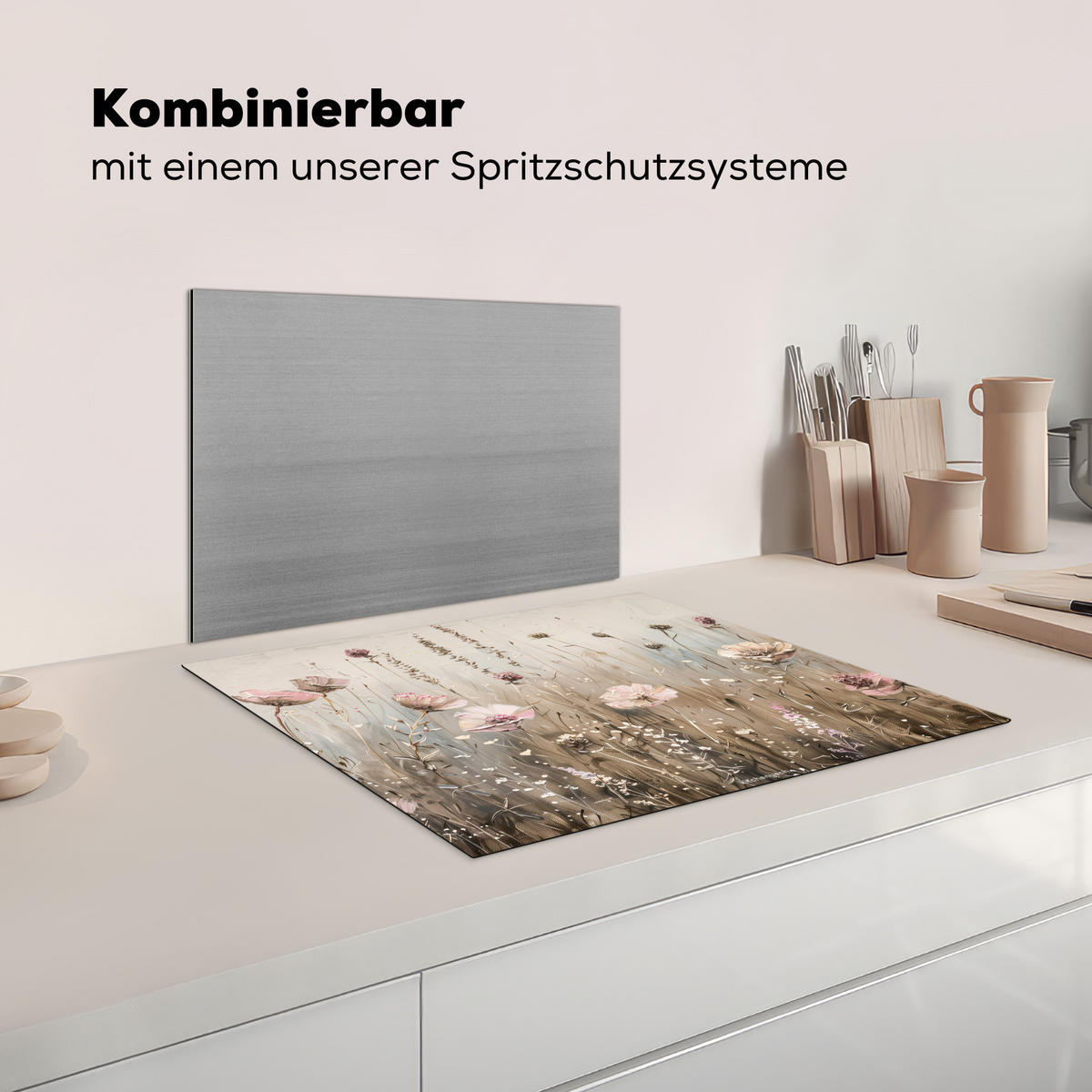 HERDABDECKPLATTE Blumen - Beige - Trockenblumen Herdabdeckung Induktionsfeld 65x52 cm - Beige, Kunststoff (65/52/0.2cm) - MuchoWow