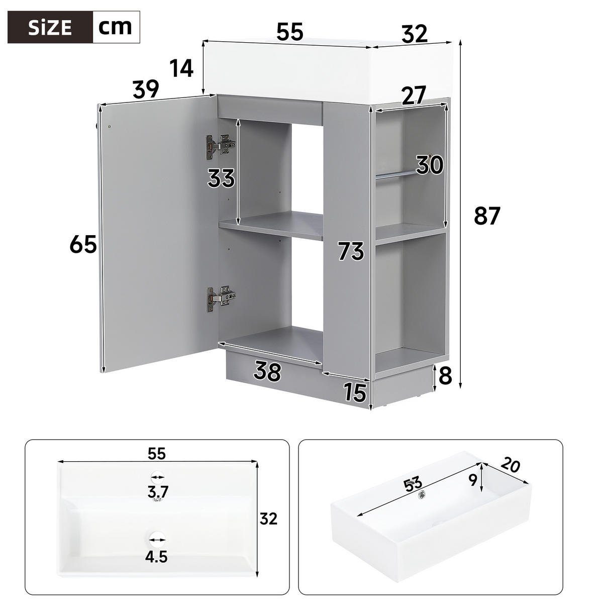 BADEZIMMERSCHRANK Waschbeckenunterschrank Rillenoptik Keramik Grau 55cm - Grau, Keramik (55/87/32cm) - FLIEKS