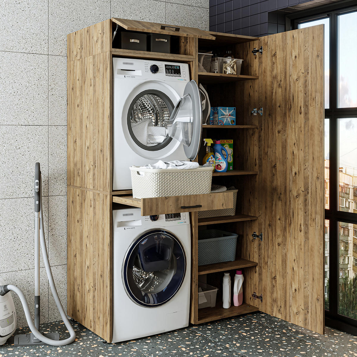 WASCHMASCHINENSCHRANK DUO-I 127cm Breit, 205cm Hoch - Eichefarben, Holzwerkstoff (127/205/67cm)